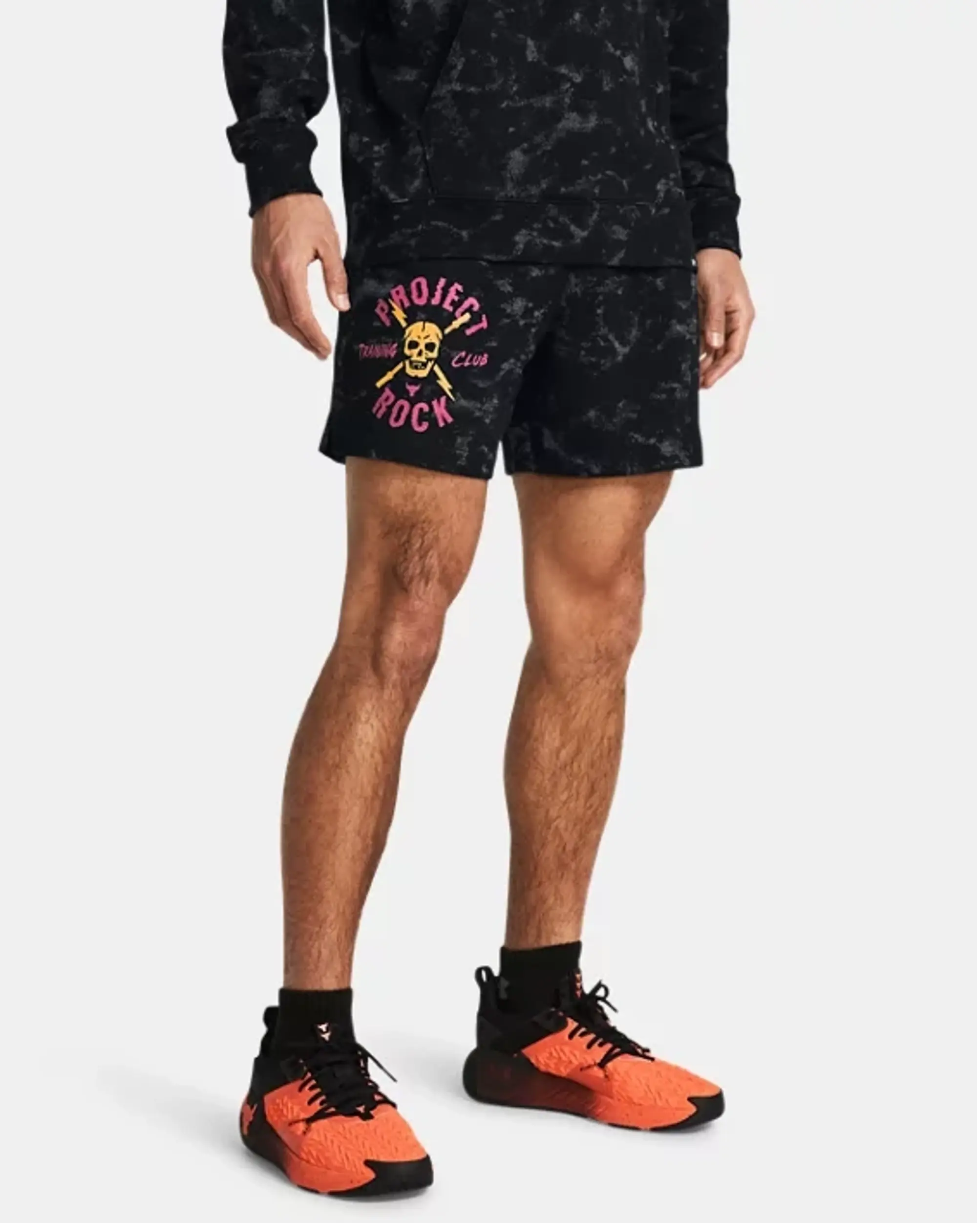 Under Armour Men's Project Rock Rival Terry Printed Shorts Black / Nova Orange / Astro Pink XXL