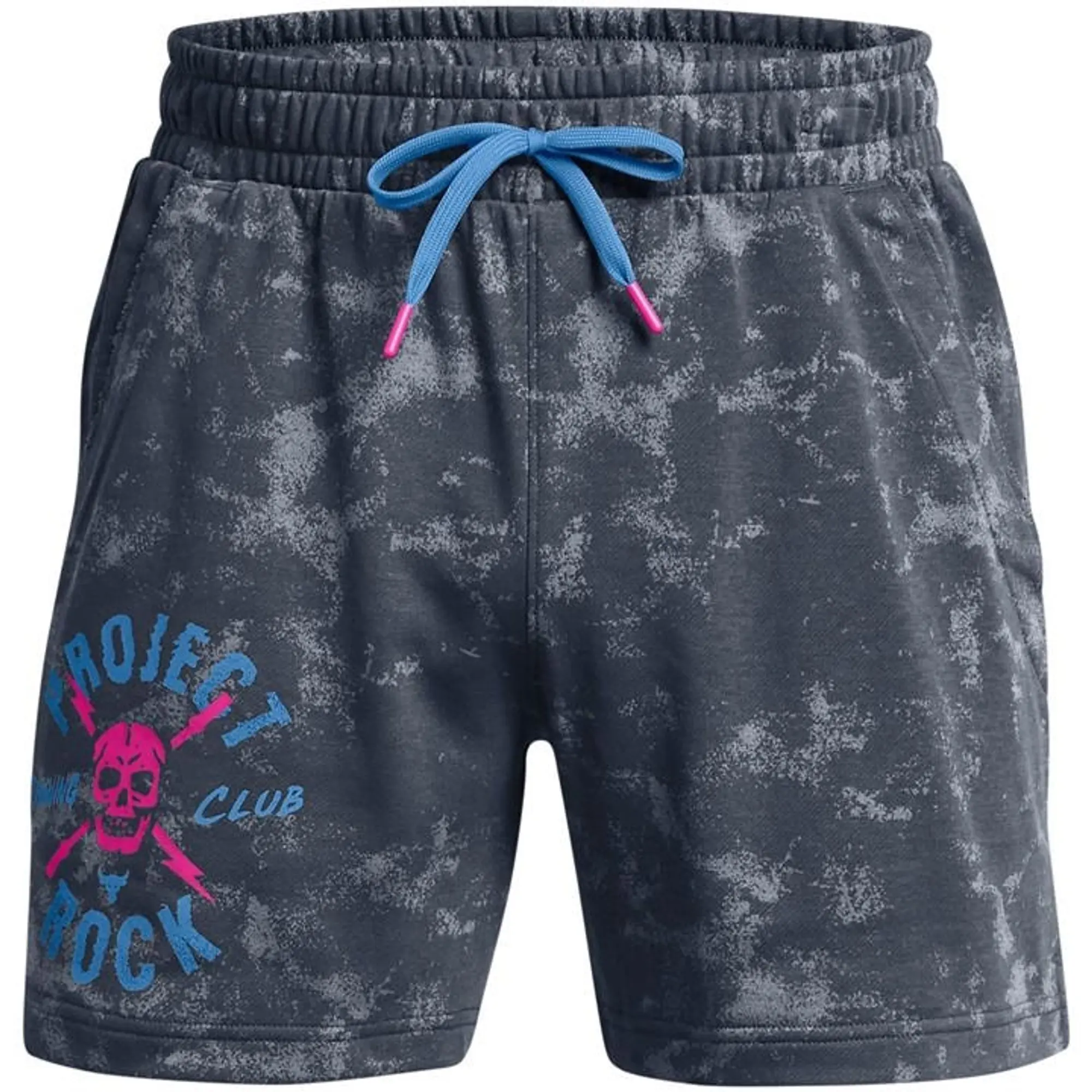 Under Armour Men's Project Rock Rival Terry Printed Shorts Downpour Gray / Astro Pink / Viral Blue M