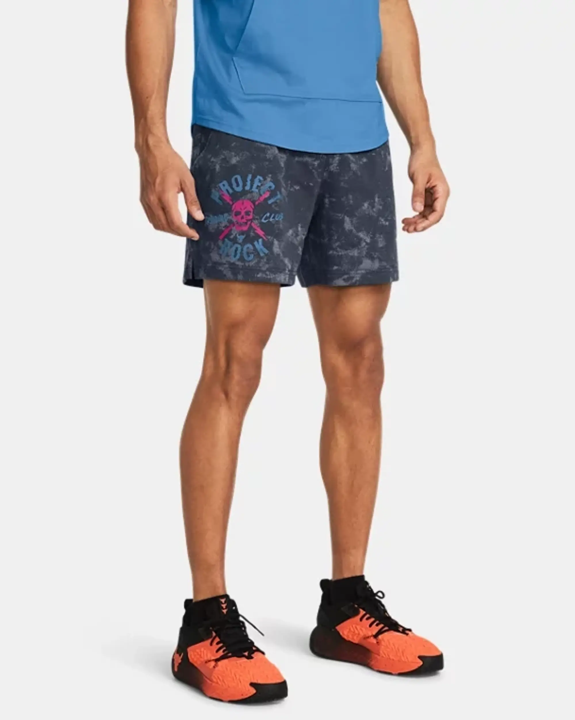 Under Armour Men's Project Rock Rival Terry Printed Shorts Downpour Gray / Astro Pink / Viral Blue M