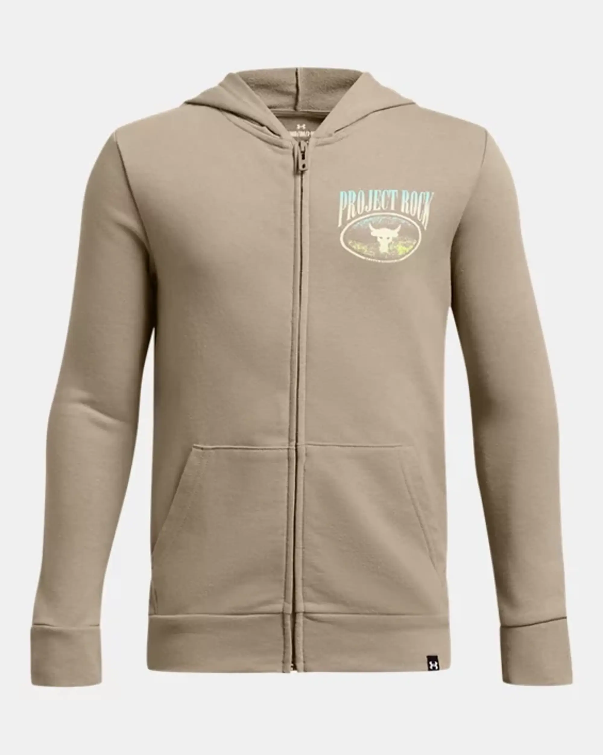 Under Armour Boys' Project Rock Full-Zip Hoodie Timberwolf Taupe / Radial Turquoise YXS (48 - 50 in)