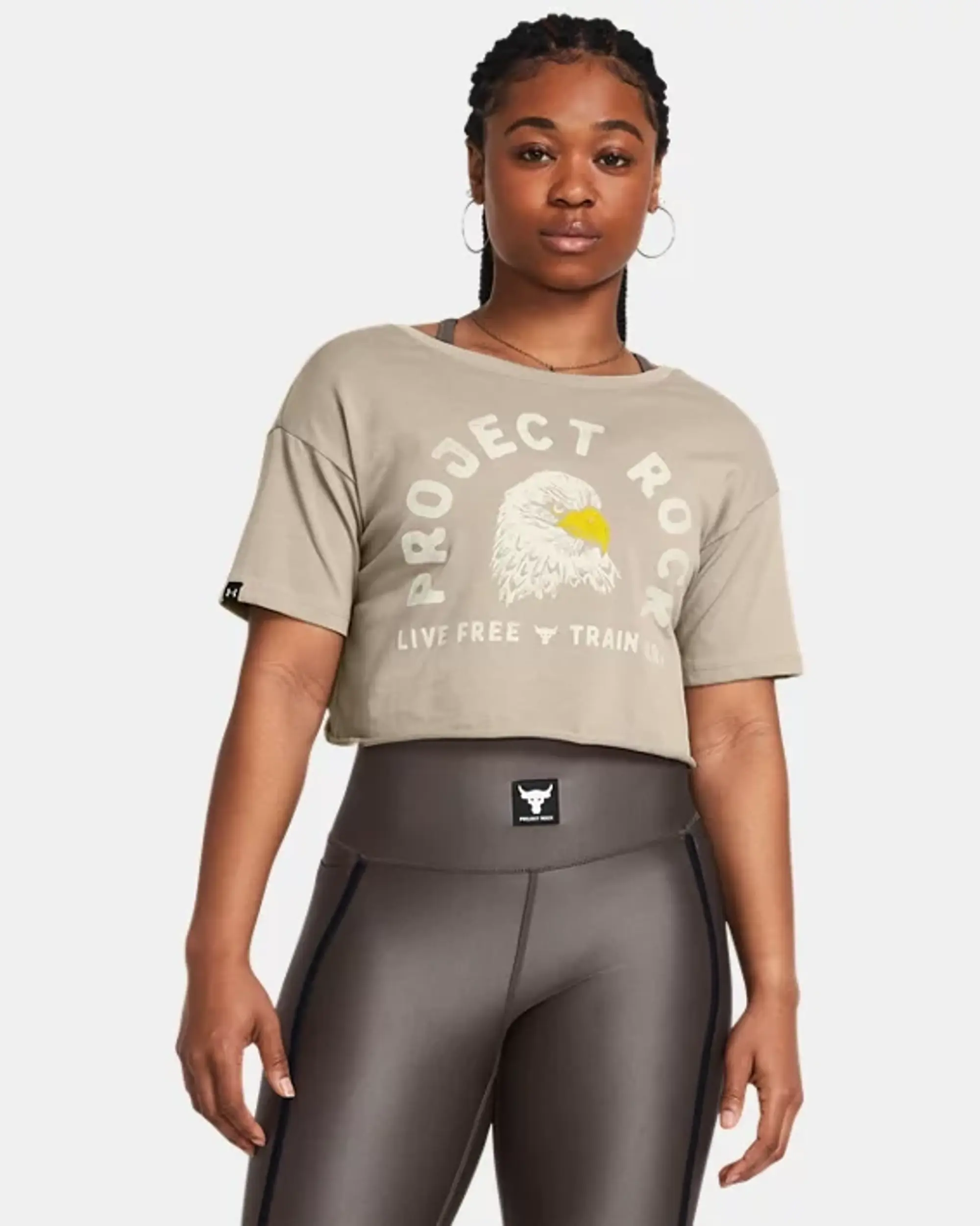Under Armour Women's Project Rock Balance Graphic T-Shirt Timberwolf Taupe / Steeltown Gold / Silt XS