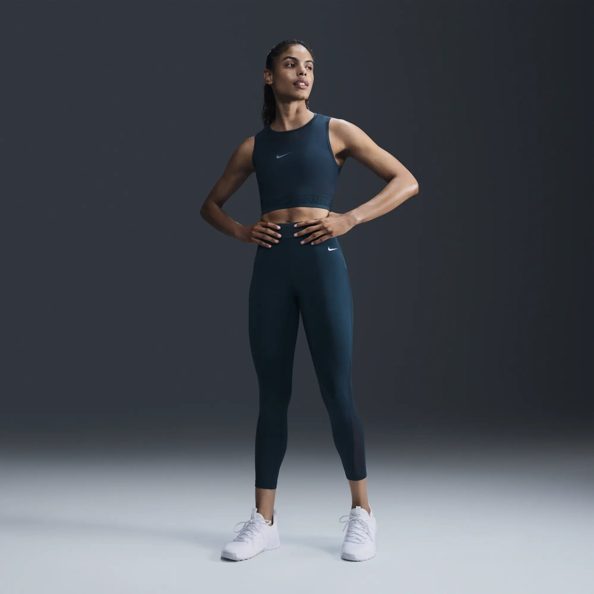 Nike Pro Women's Mid-Rise 7/8 Mesh-Panelled Leggings - Blue - Sustainable Materials