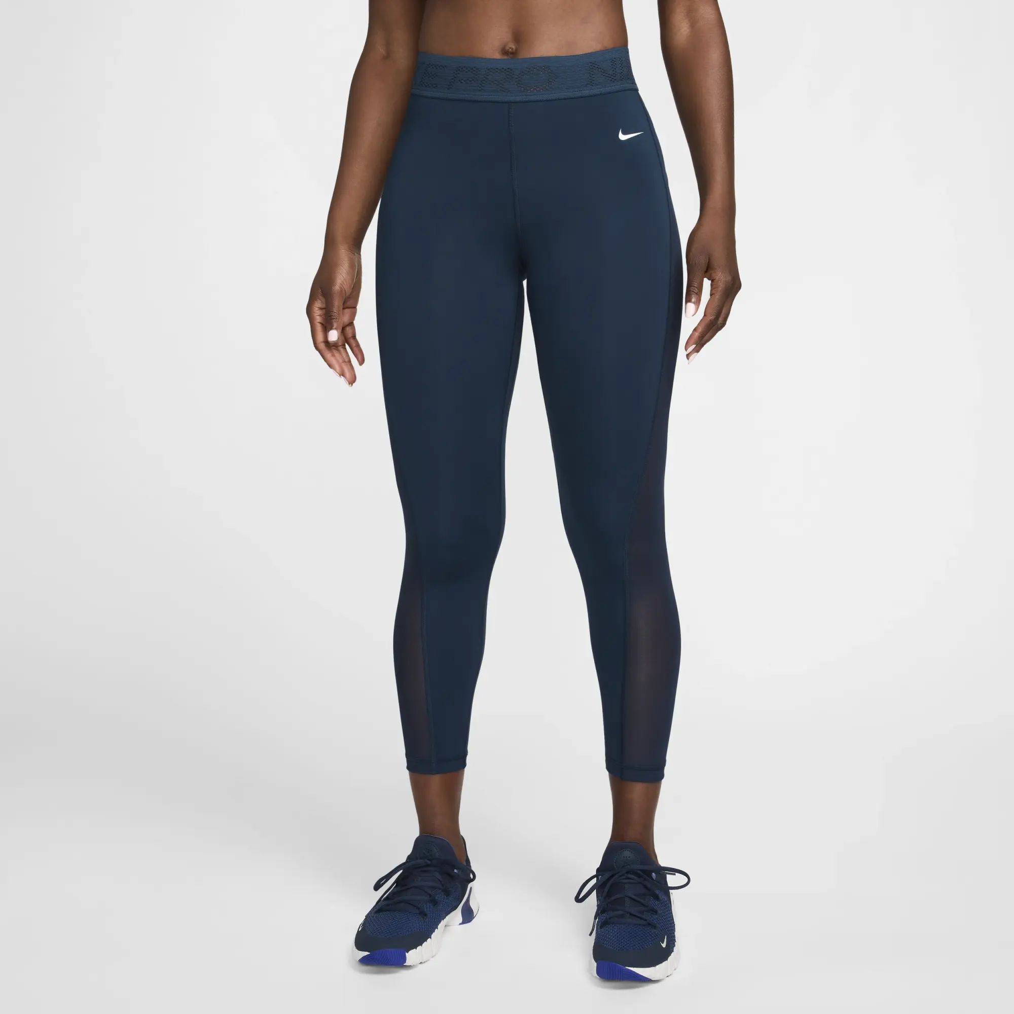 Nike Pro Women's Mid-Rise 7/8 Mesh-Panelled Leggings - Blue - Sustainable Materials