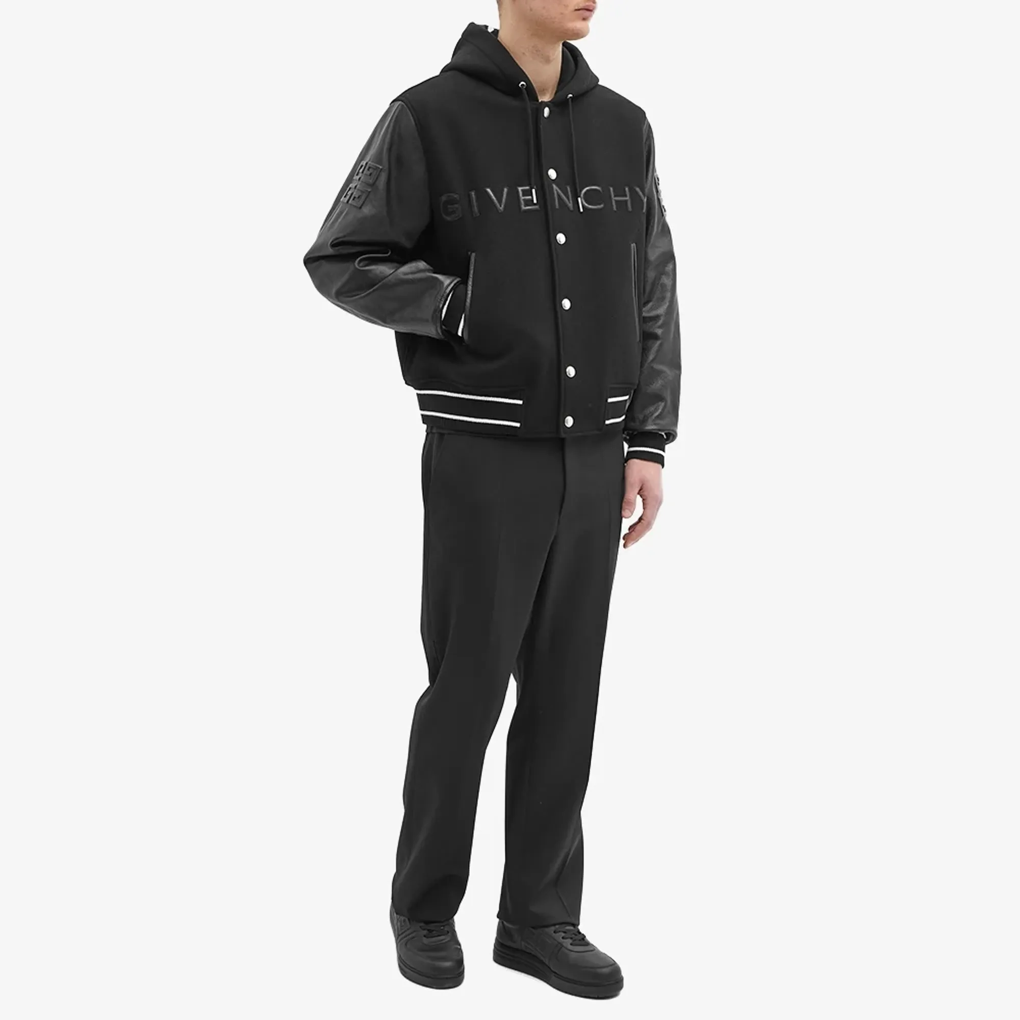 Givenchy Men's Logo Leather Hooded Varsity Jacket Black