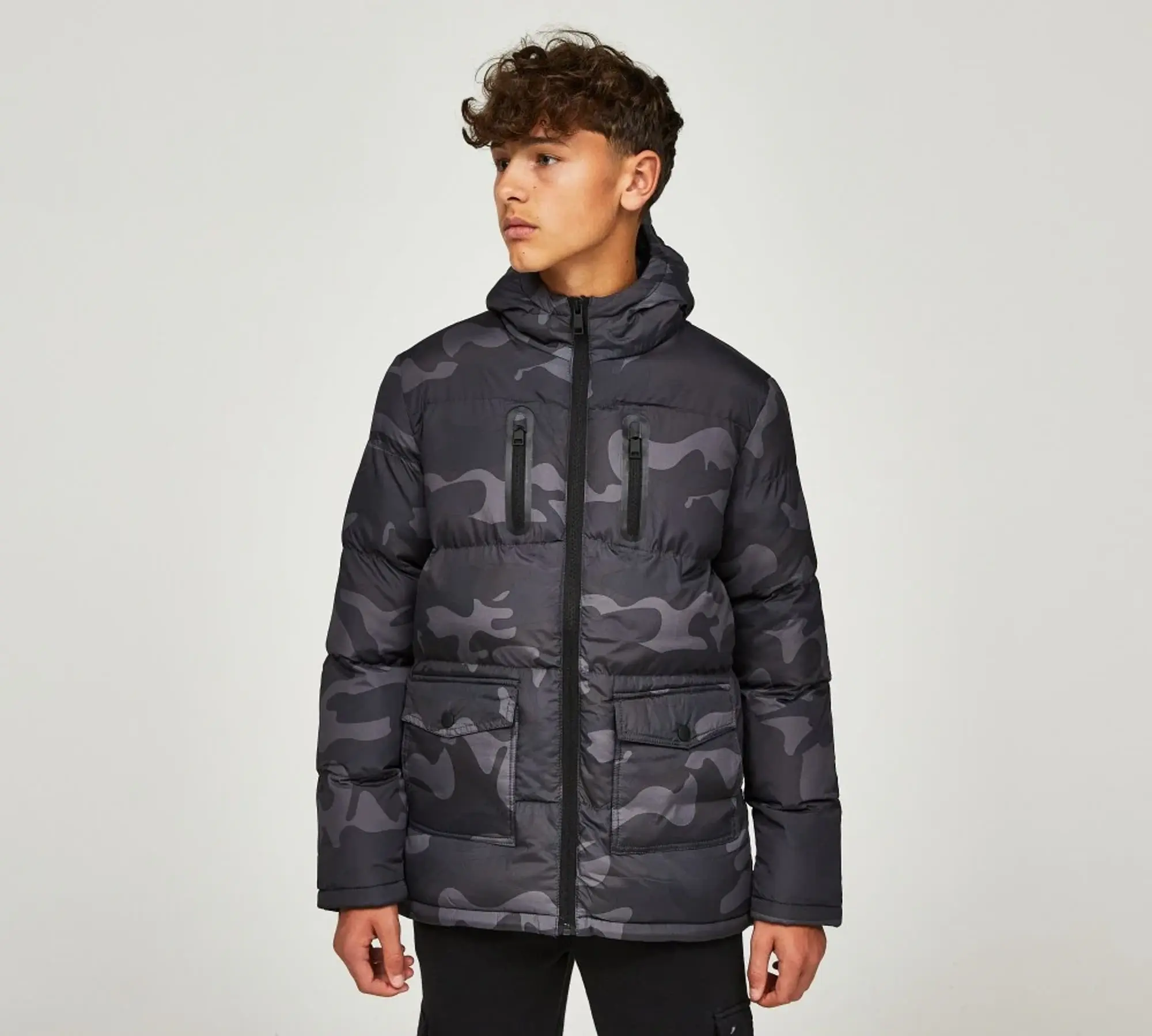 Brave Soul Junior Camo Puffer Parka Jacket Grey Size 13Y Grey BJK OAKWOODCAMO FOOTY.COM