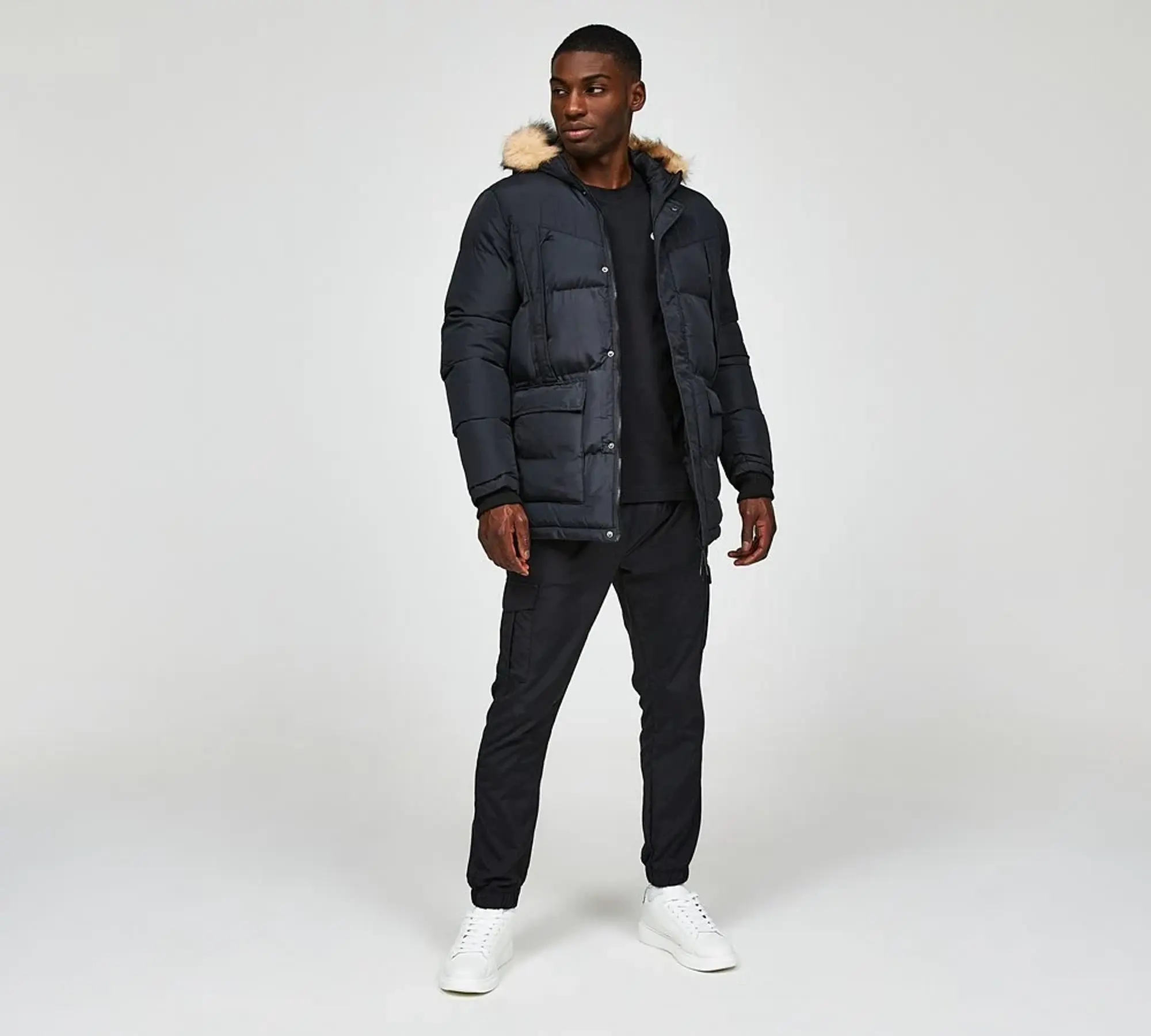 Brave Soul Fur Trim Parka Jacket - Black - Size XL - Black
