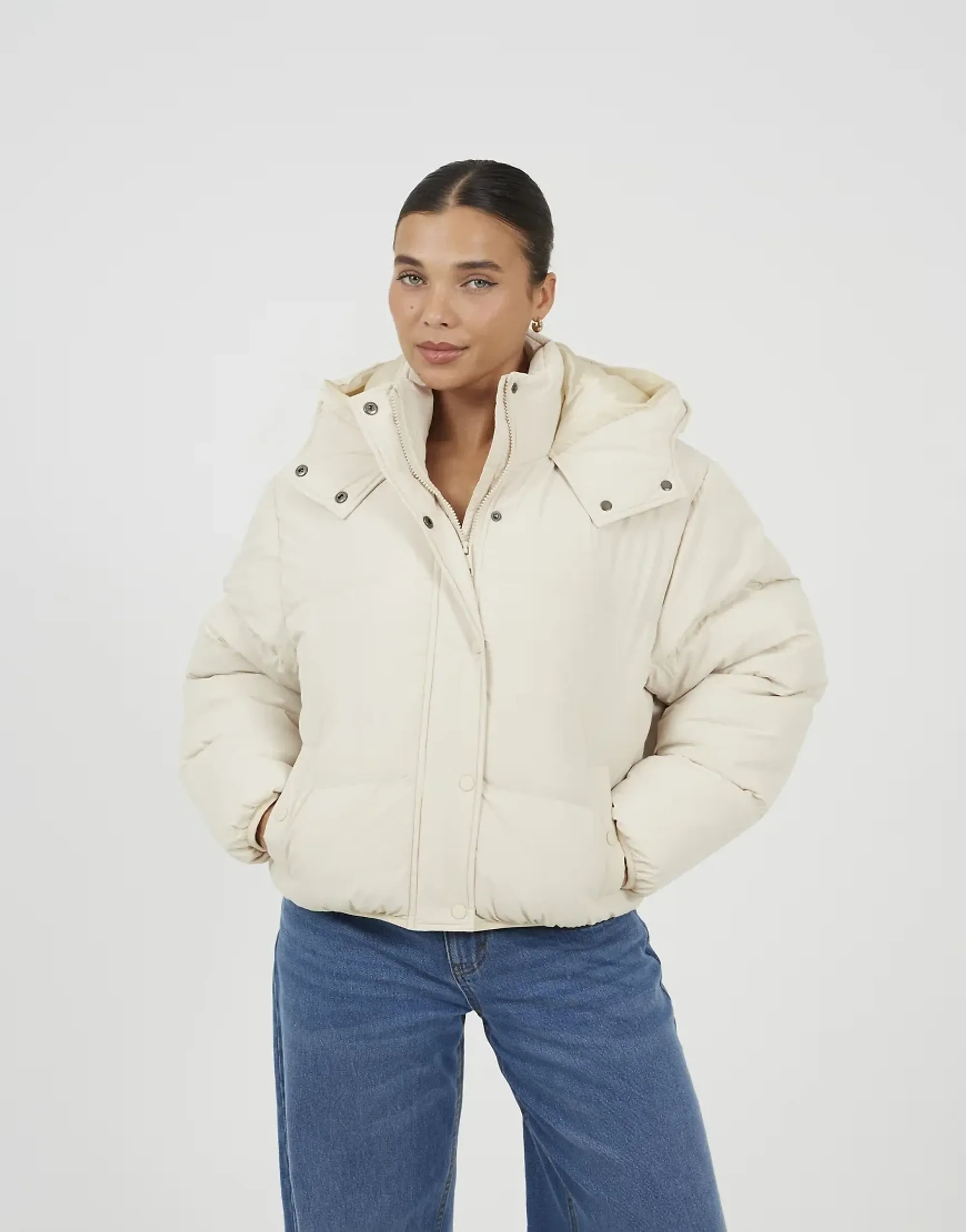 Brave Soul Womens Crop Oversized Puffer Jacket - Beige - Size 14 - Beige