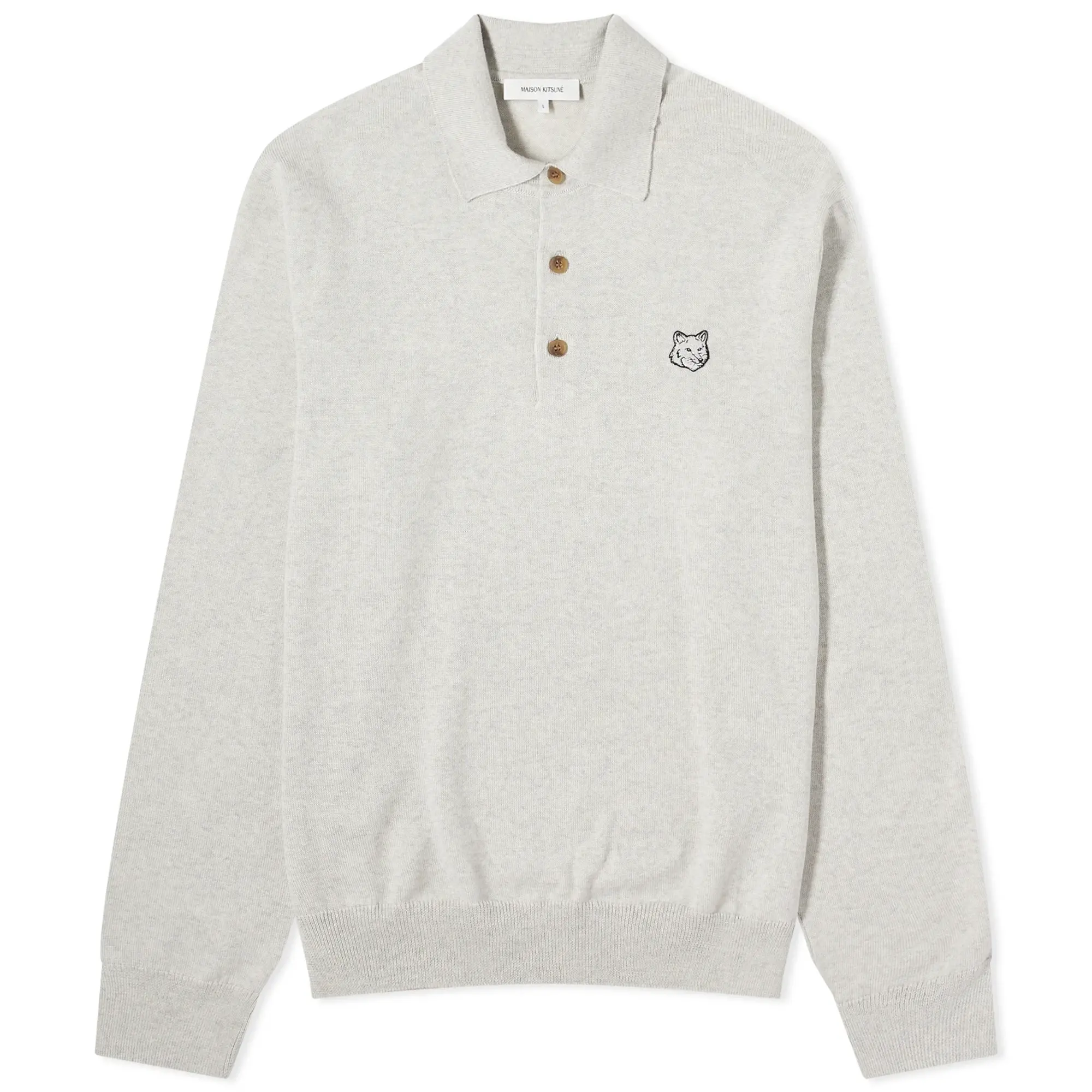 Maison Kitsuné Maison Kitsune Bold Fox Head Patch Knitted Polo Shirt Light Grey Melange