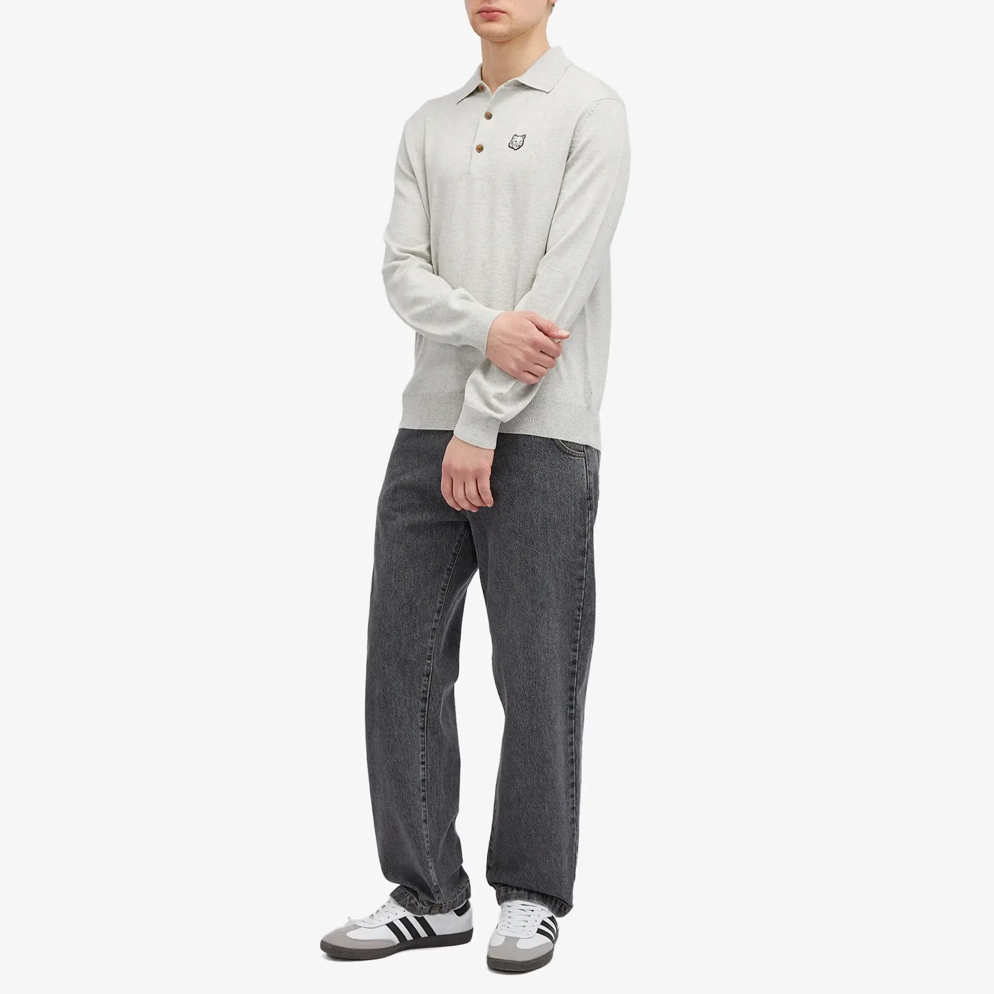 Maison Kitsuné Maison Kitsune Bold Fox Head Patch Knitted Polo Shirt Light Grey Melange