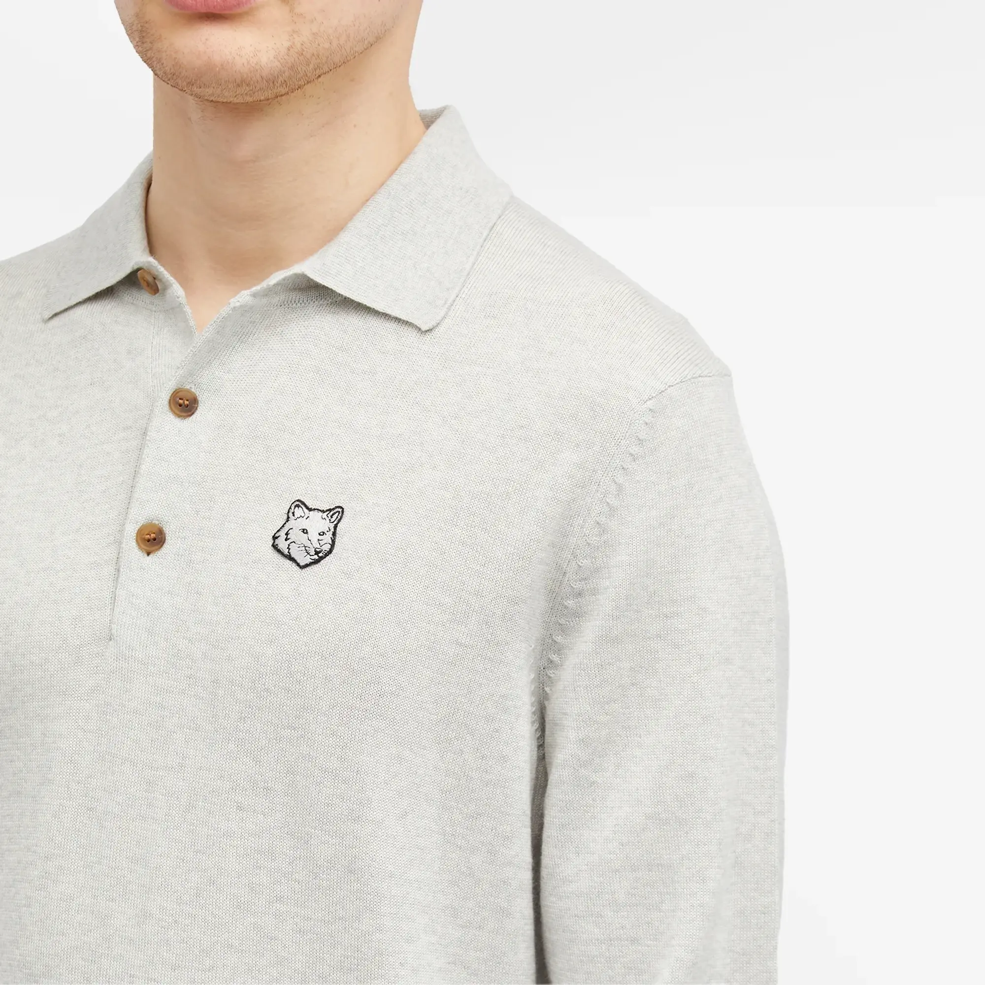 Maison Kitsuné Maison Kitsune Bold Fox Head Patch Knitted Polo Shirt Light Grey Melange
