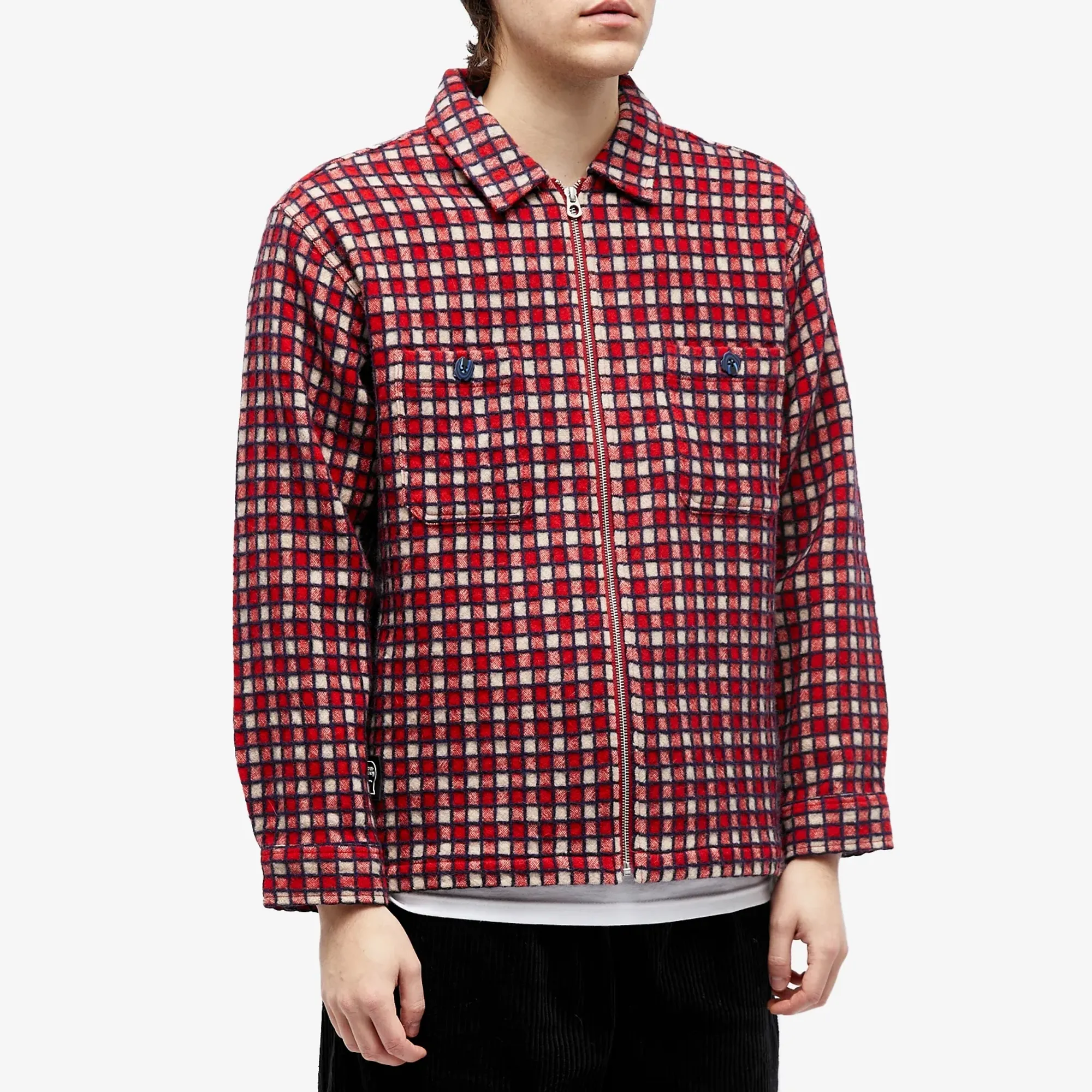 Brain Dead Men's Check Mate Flannel Zip Shirt Jacket Red