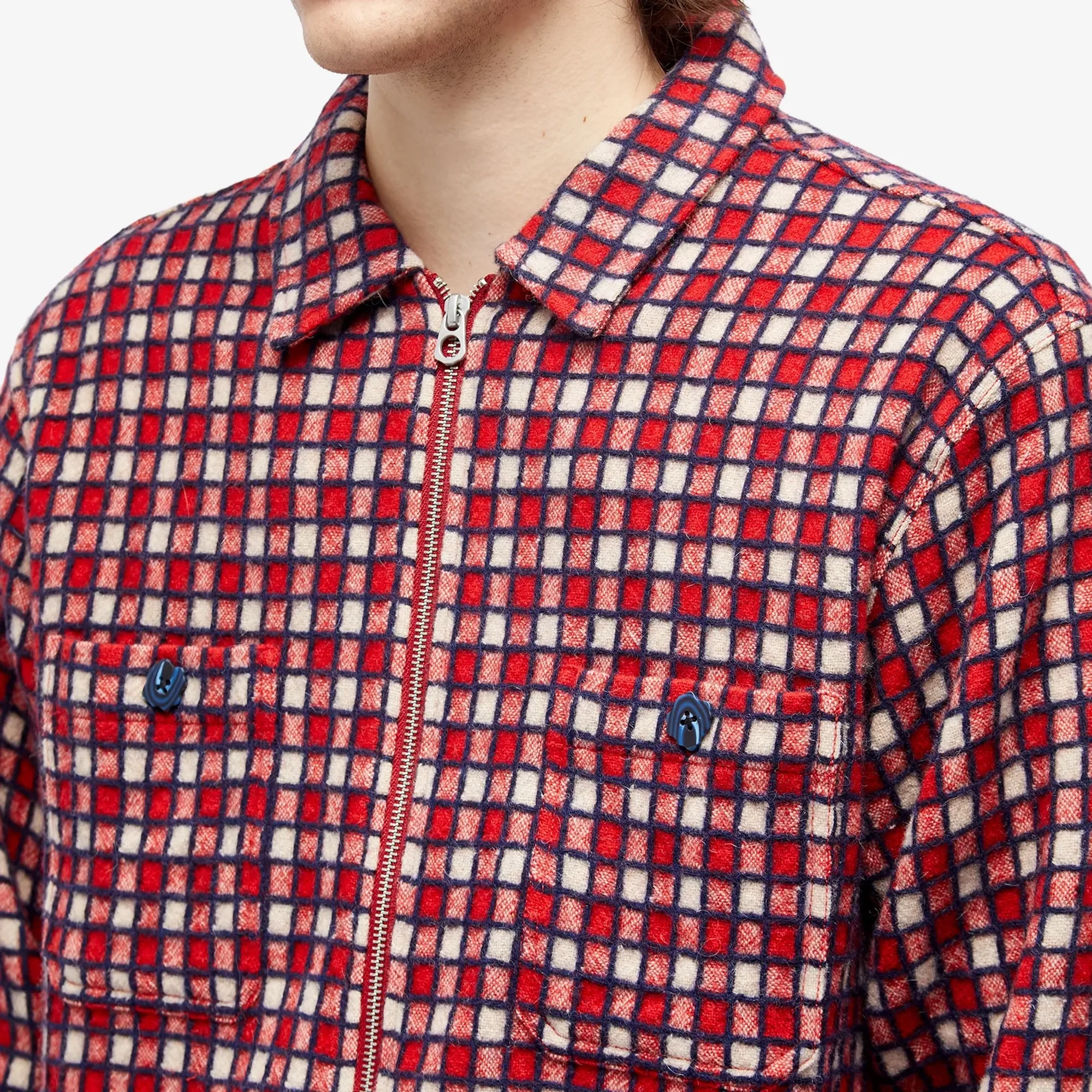 Brain Dead Men's Check Mate Flannel Zip Shirt Jacket Red