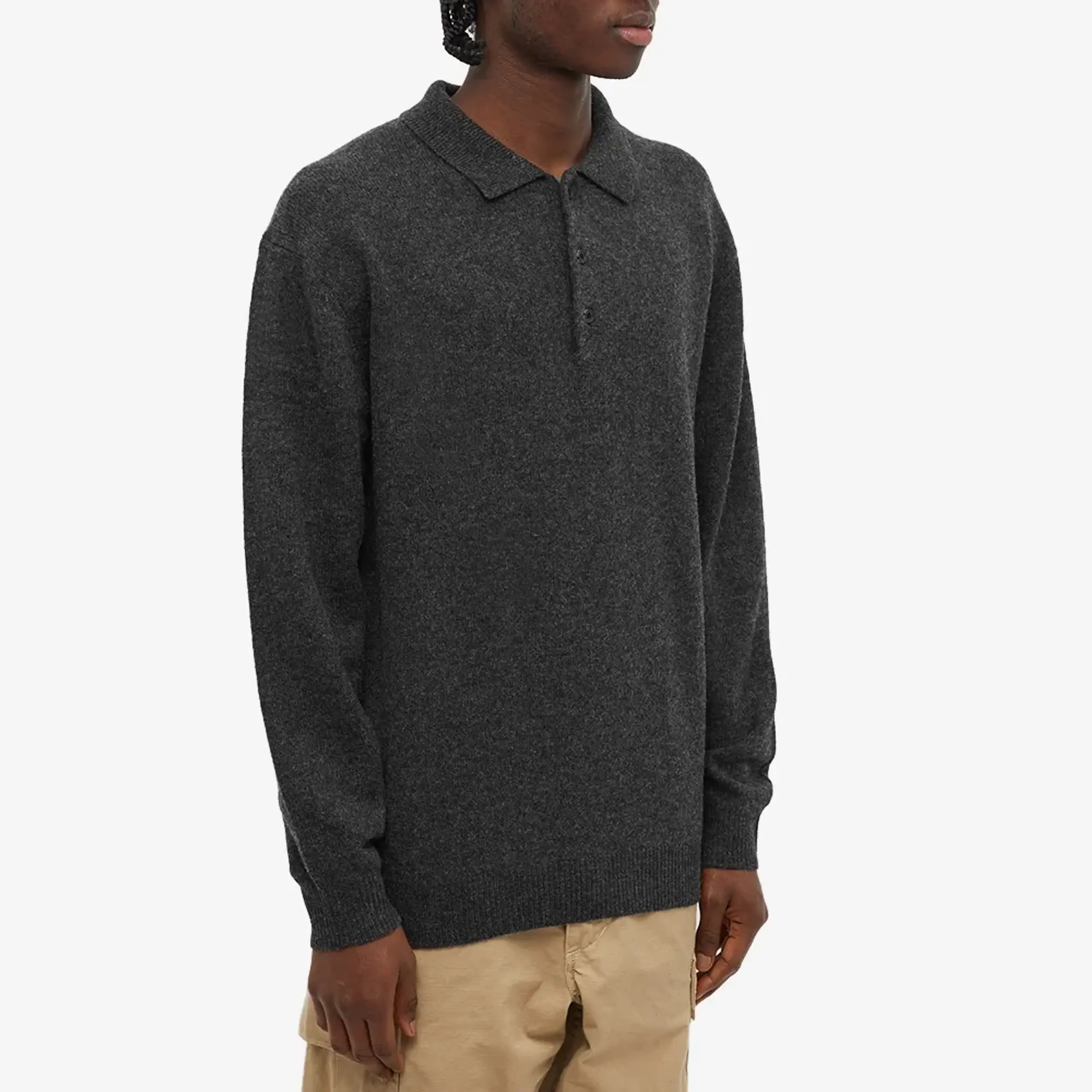 Beams Plus Men's Long Sleeve Knit Polo Charcoal