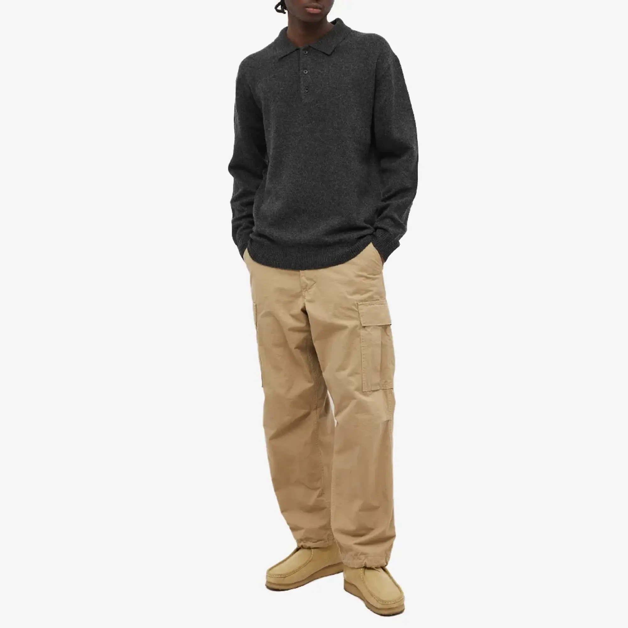 Beams Plus Men's Long Sleeve Knit Polo Charcoal
