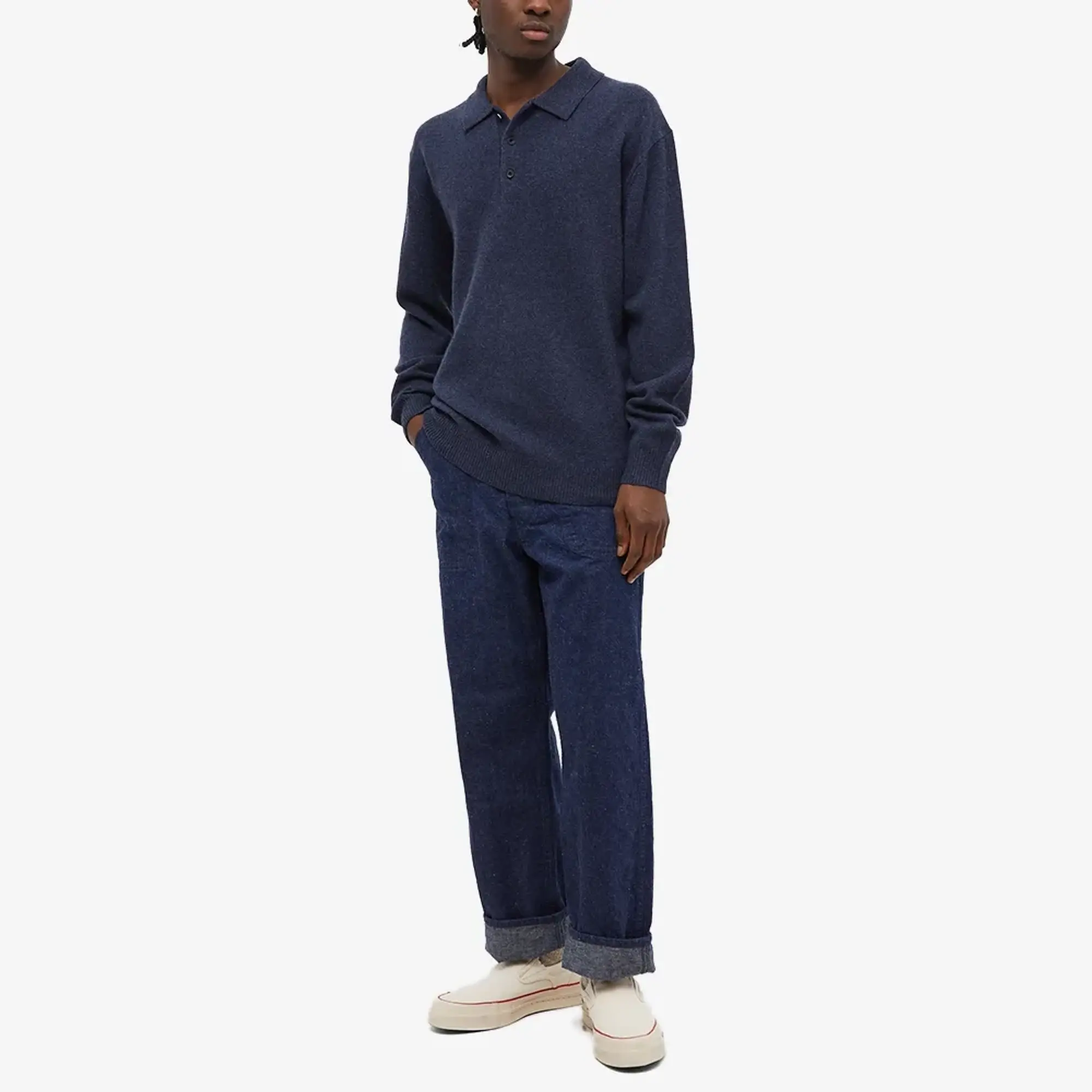Beams Plus Men's Long Sleeve Knit Polo Navy