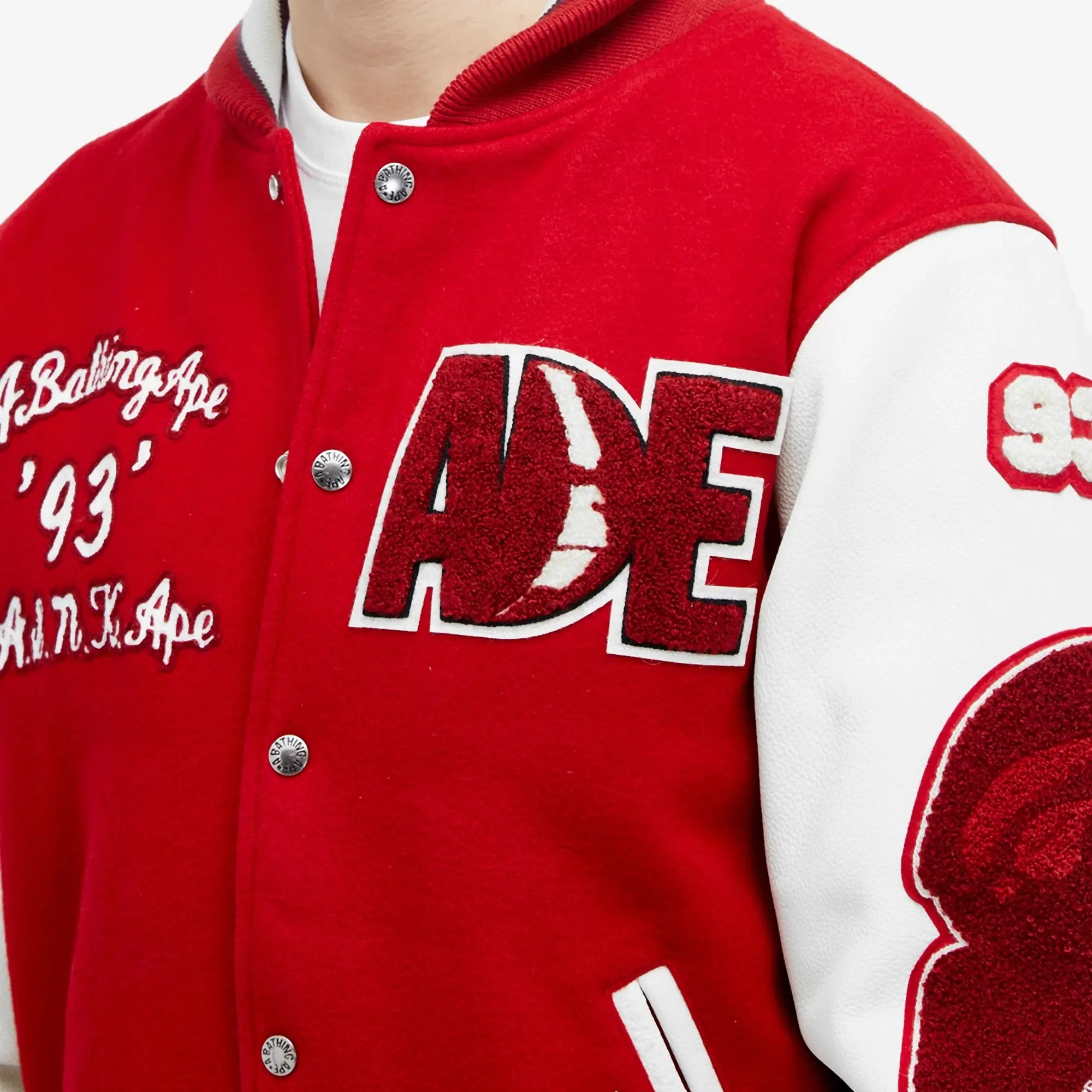 A Bathing Ape Men s Bape Multi Motif Varsity Jacket Red 001HJJ801001M RED FOOTY.COM