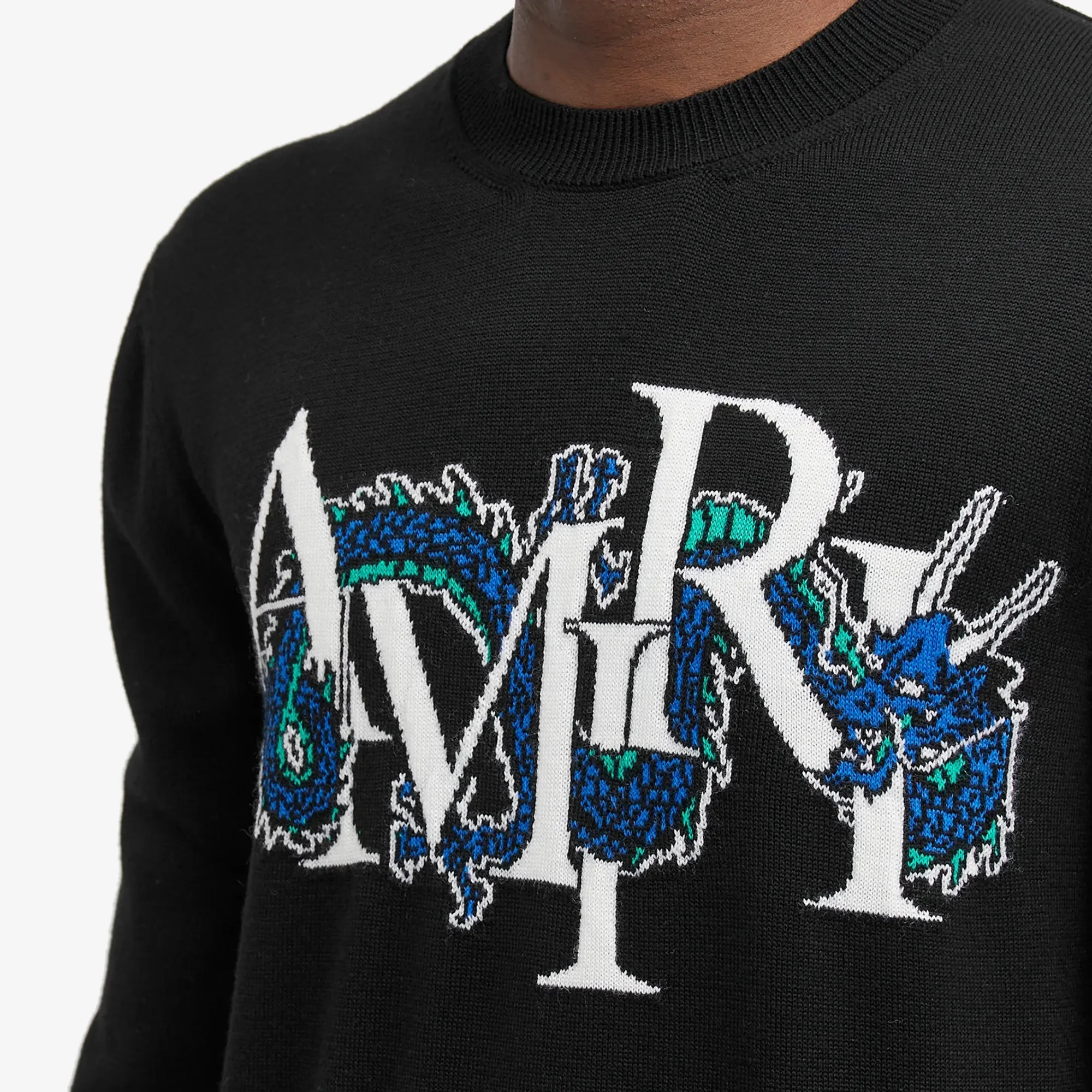 amiri cigarette sweater AMIRI Men's Smoke Logo Intarsia Crew Sweater in Black Amiri The house honors the creative spirit of Los Angeles Arts District and AMIRIs roots in artisanal craft AMIRI White & Blue Cotton
