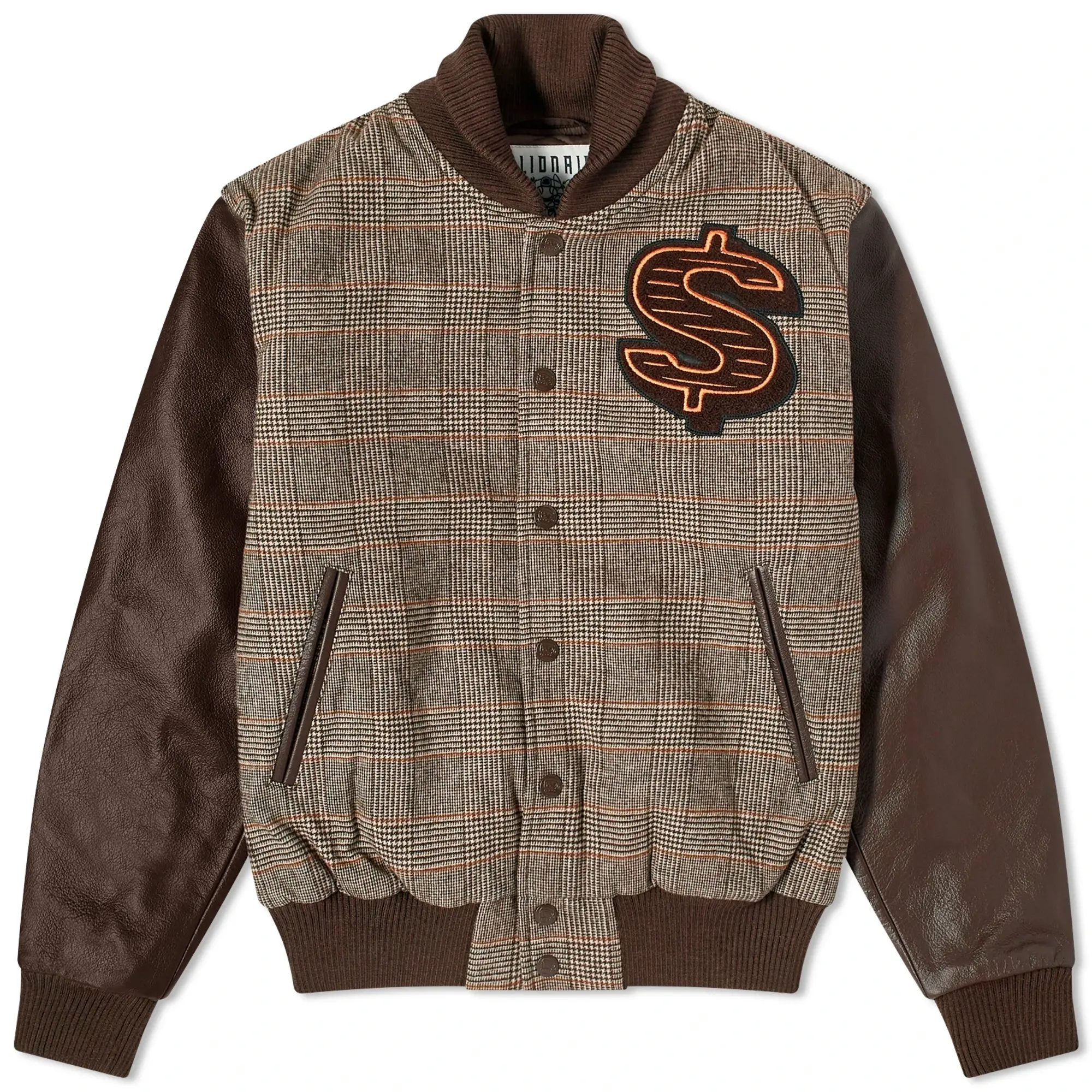 Billionaire Boys Club Men's Leather Sleeve Varsity Jacket Brown Check