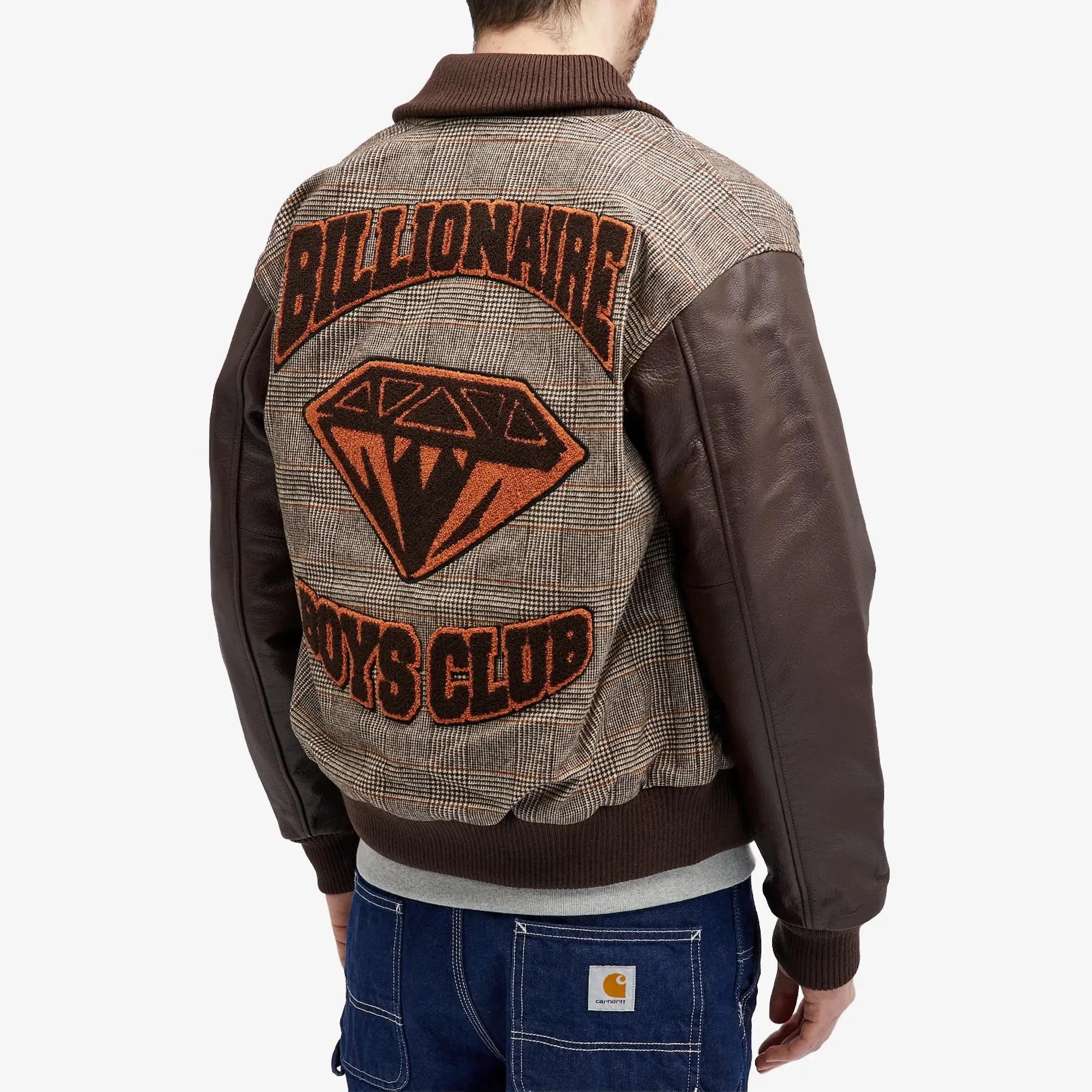 Billionaire Boys Club Men's Leather Sleeve Varsity Jacket Brown Check