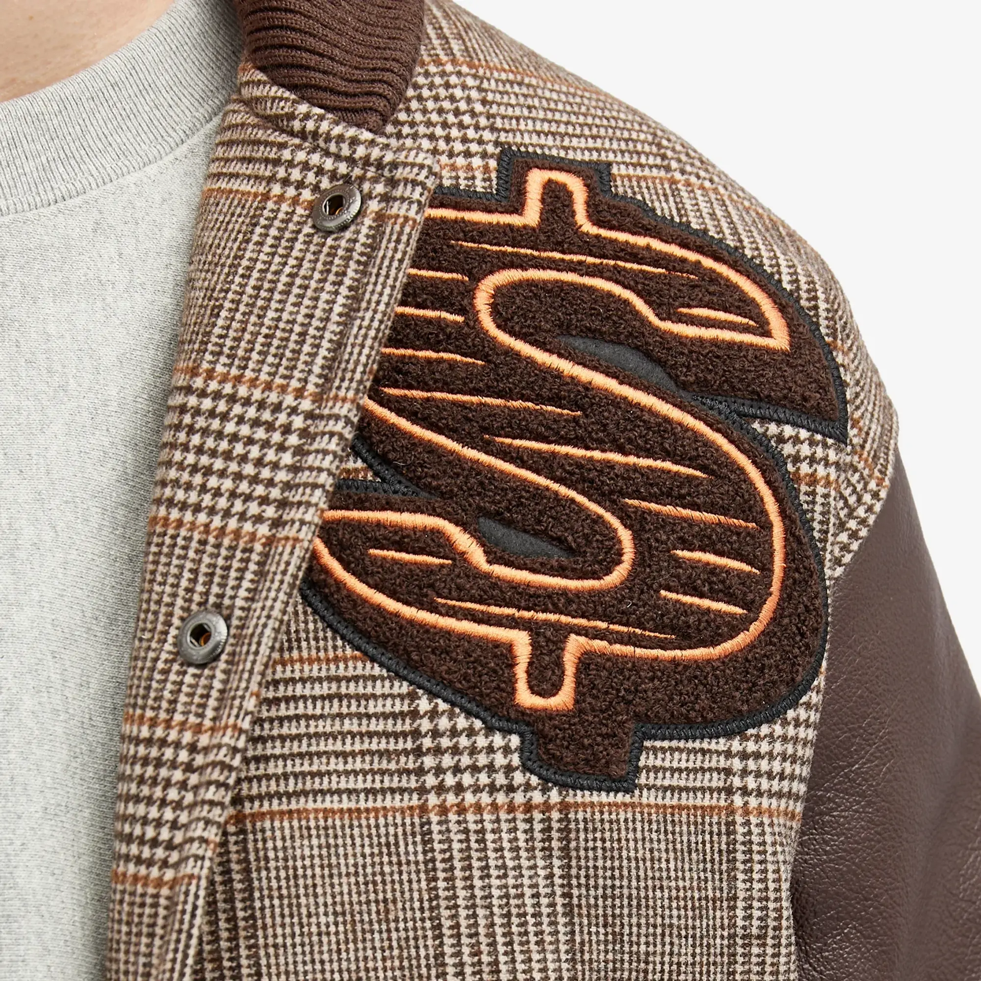 Billionaire Boys Club Men's Leather Sleeve Varsity Jacket Brown Check