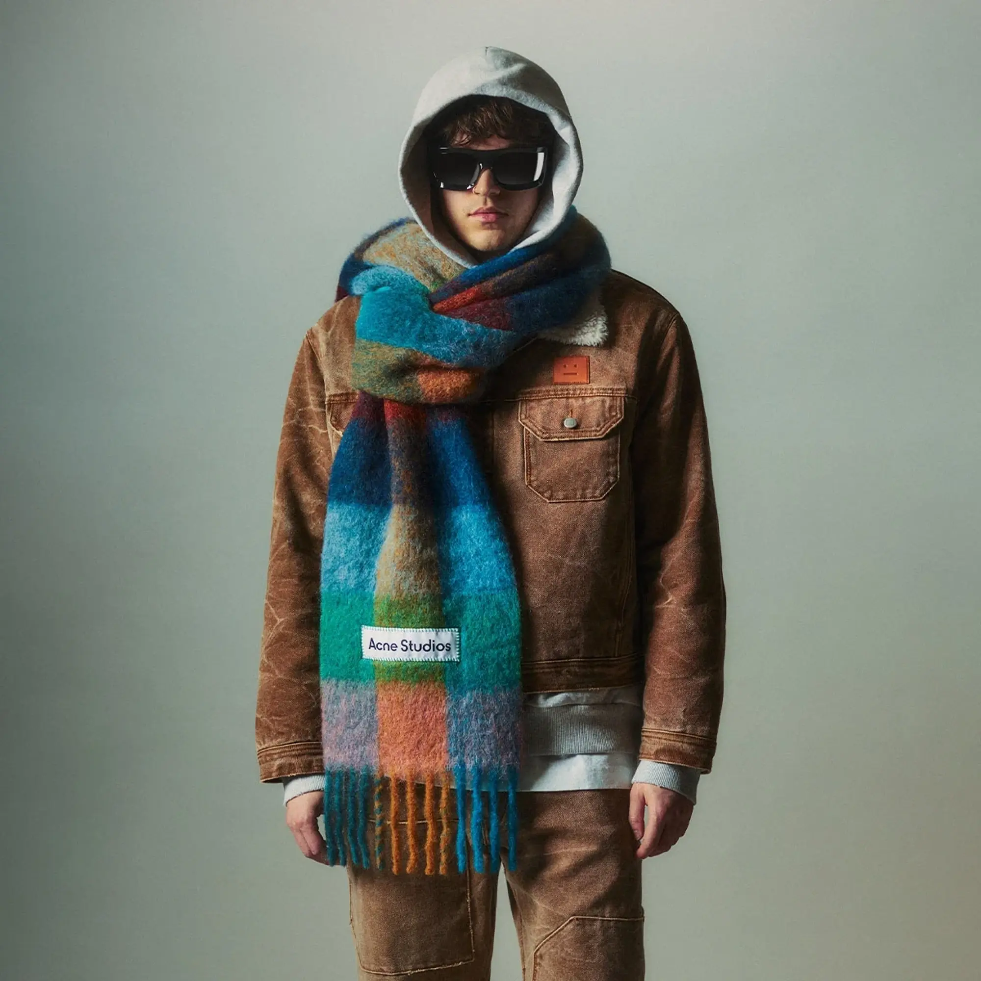 Acne Studios Men's Vally Check Scarf Turquoise/Camel/Blue