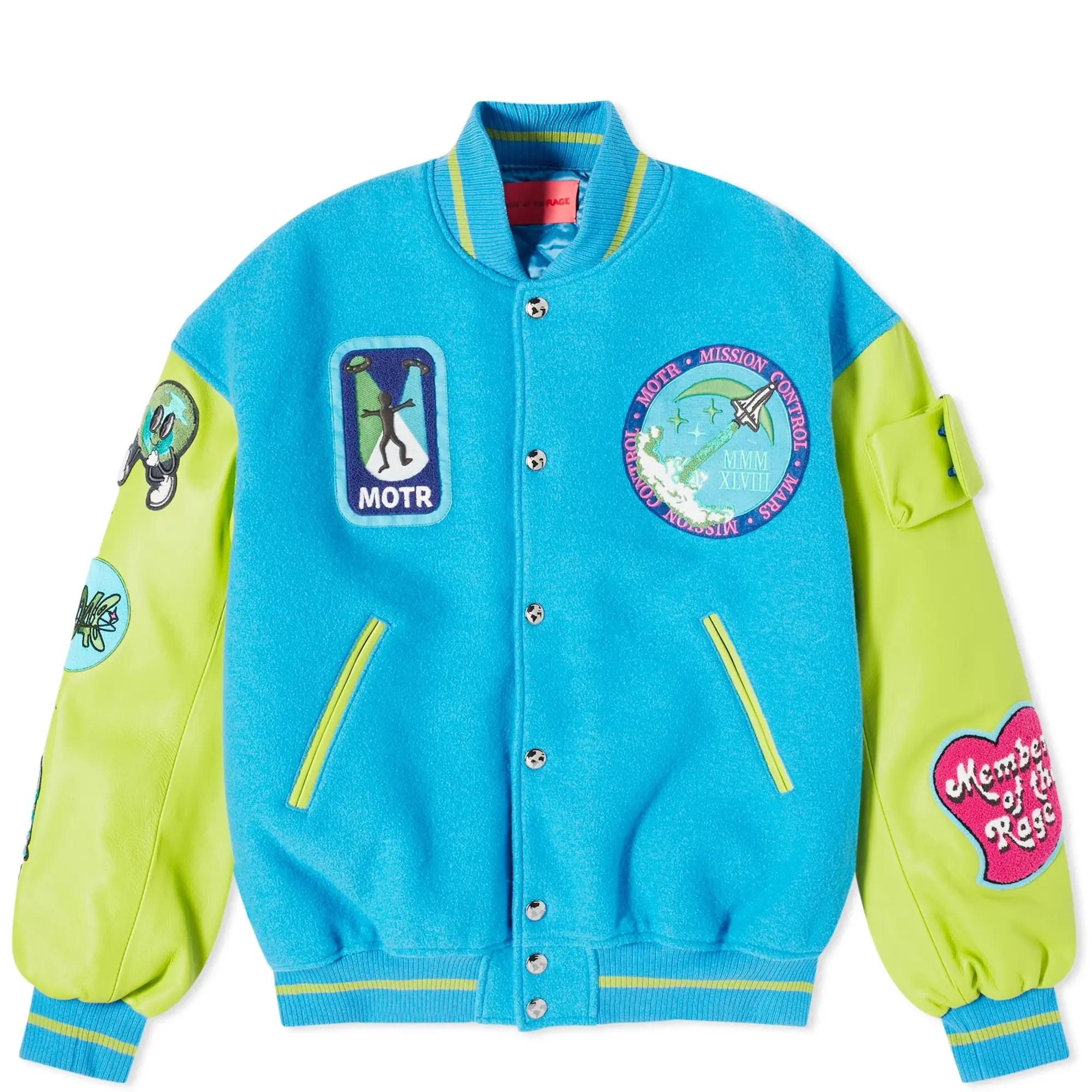 Members of the Rage Men's Oversized Varsity Jacket Turquoise/Acid Lime