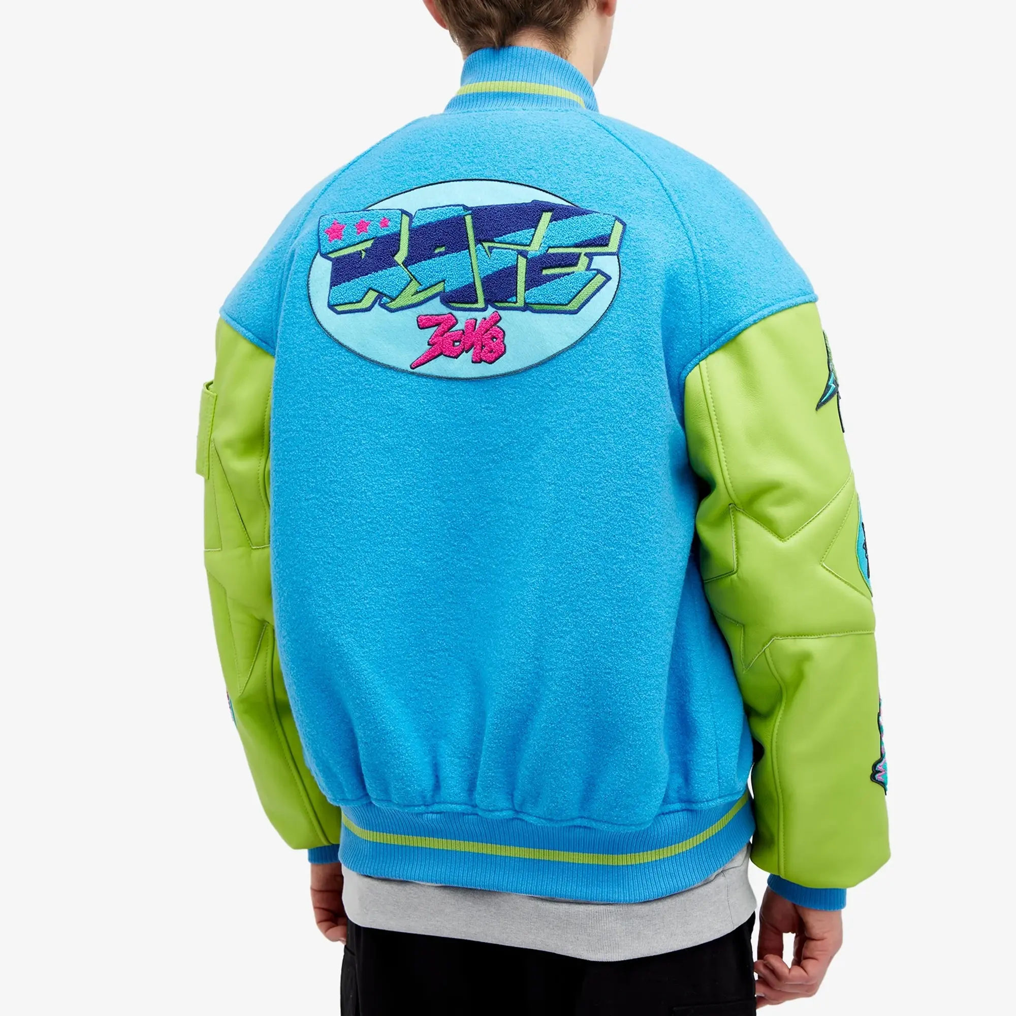 Members of the Rage Men's Oversized Varsity Jacket Turquoise/Acid Lime