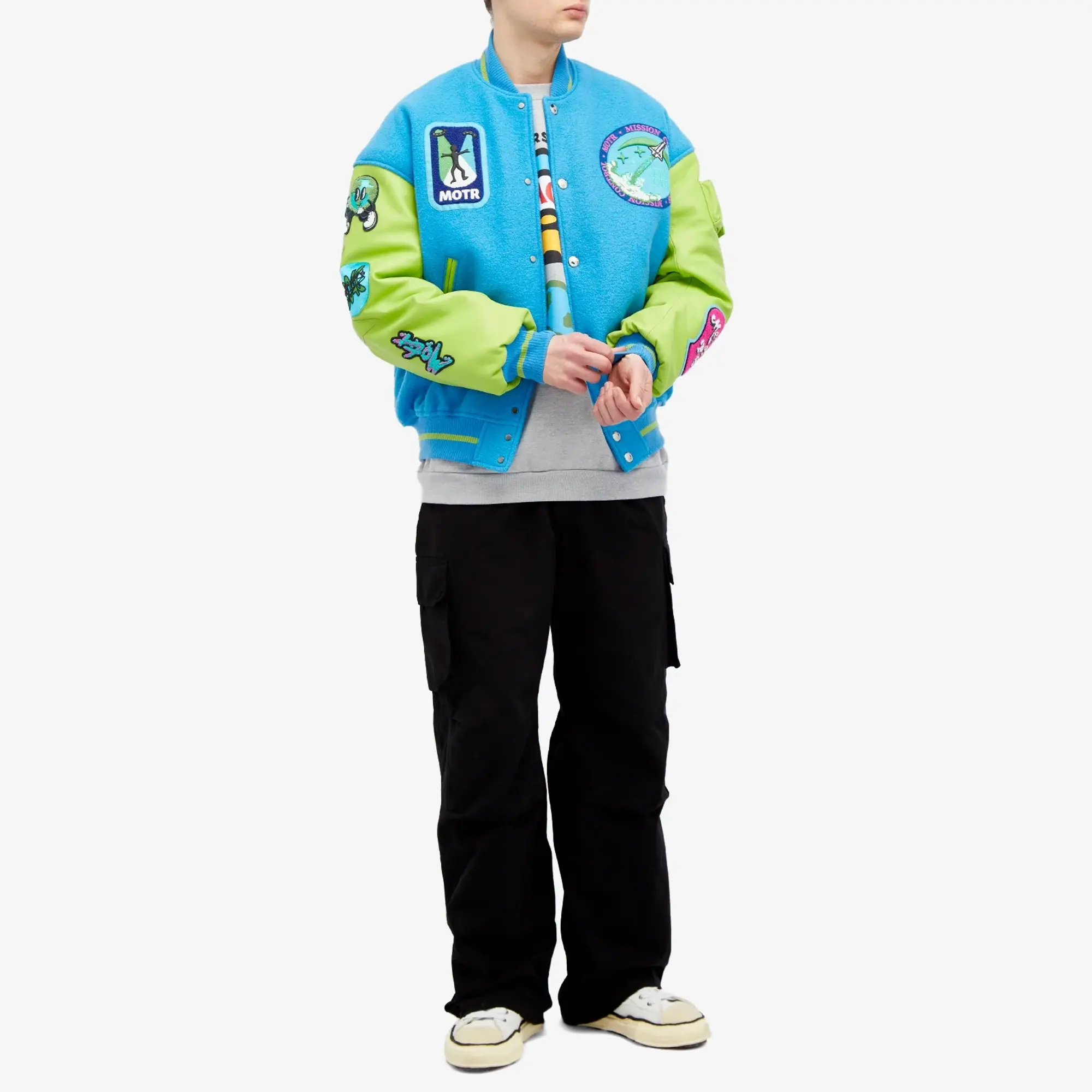 Members of the Rage Men's Oversized Varsity Jacket Turquoise/Acid Lime