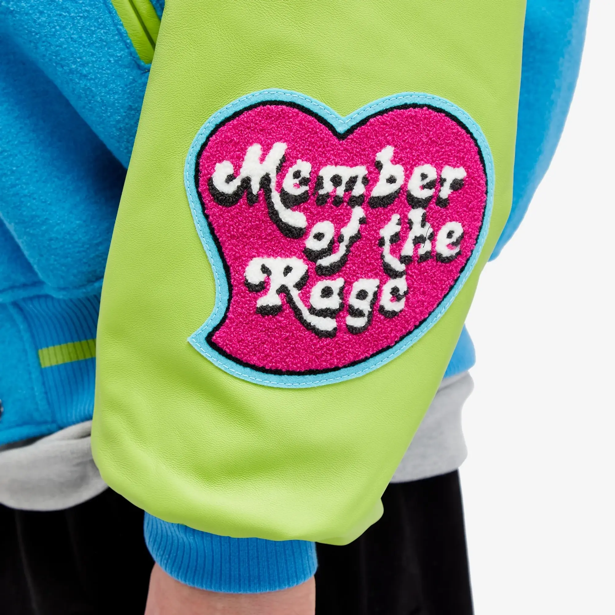 Members of the Rage Men's Oversized Varsity Jacket Turquoise/Acid Lime