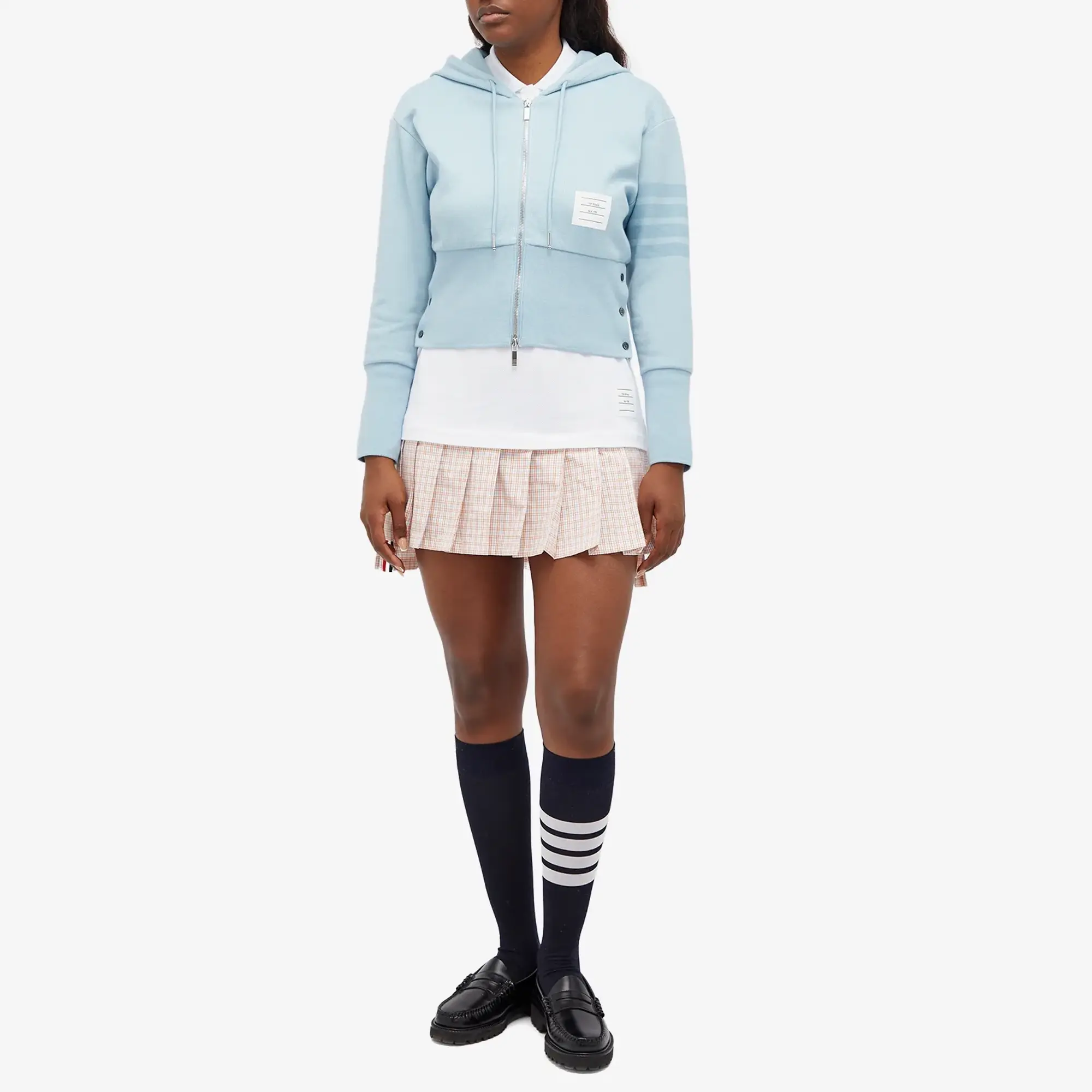 Thom Browne Women's Zip Up 4 Bar Tonal Hoodie Light Blue