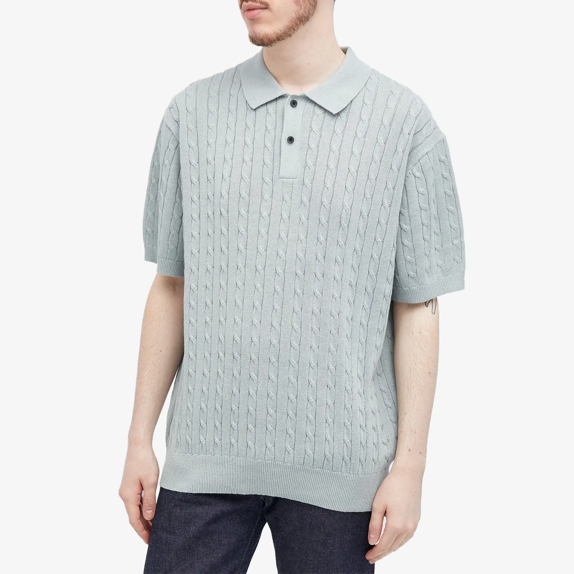 Beams Plus Men's Cable Knit Polo Ice Blue