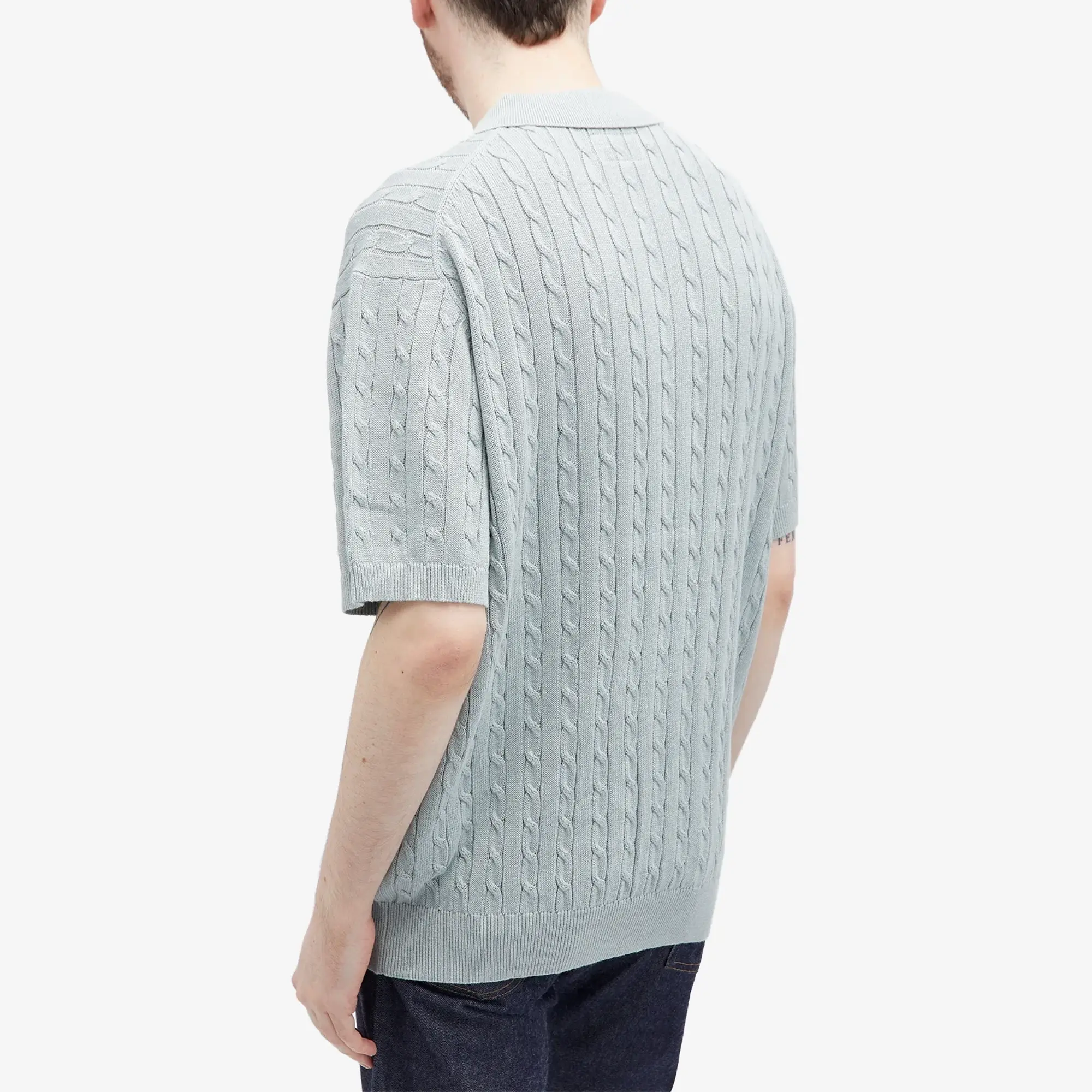 Beams Plus Men's Cable Knit Polo Ice Blue