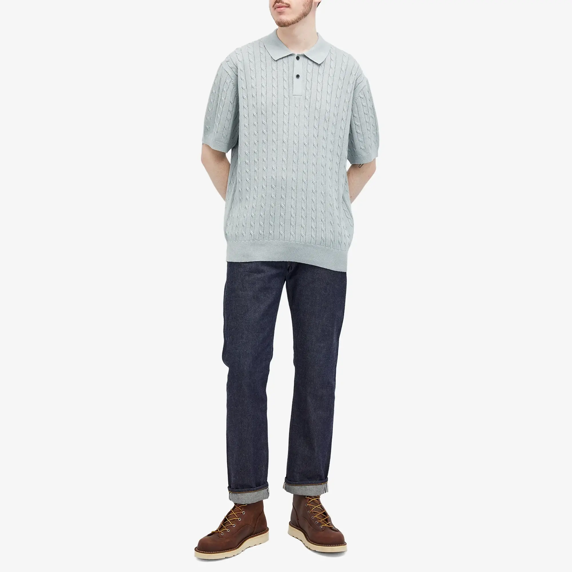 Beams Plus Men's Cable Knit Polo Ice Blue