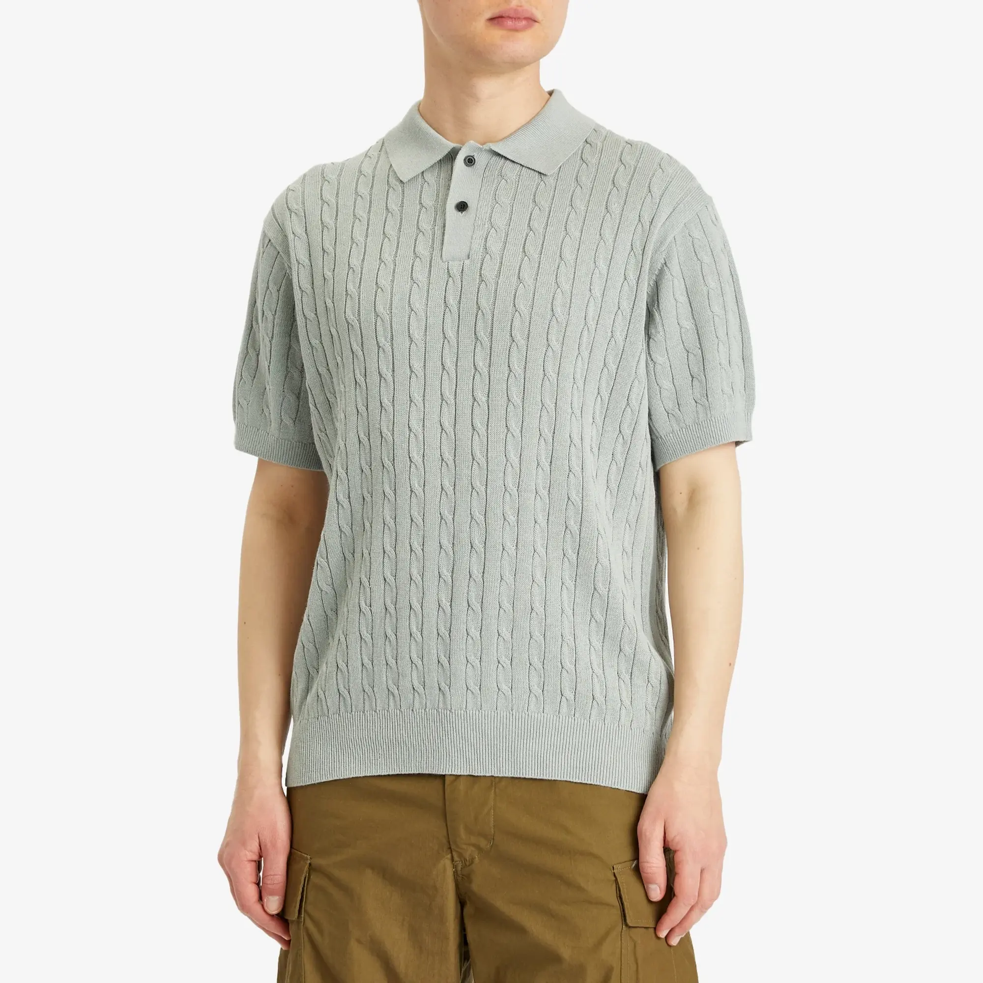 Beams Plus Men's Cable Knit Polo Ice Blue
