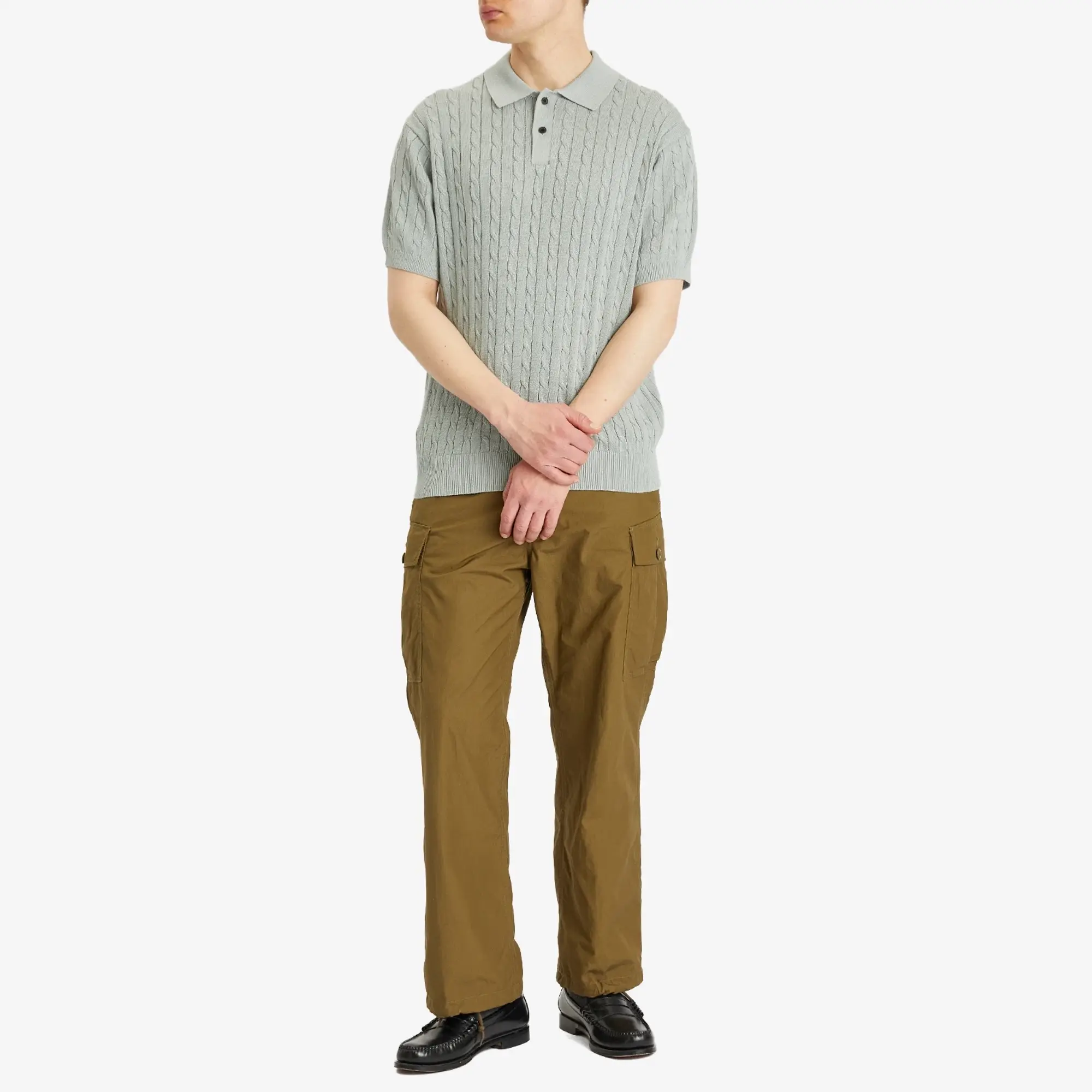Beams Plus Men's Cable Knit Polo Ice Blue