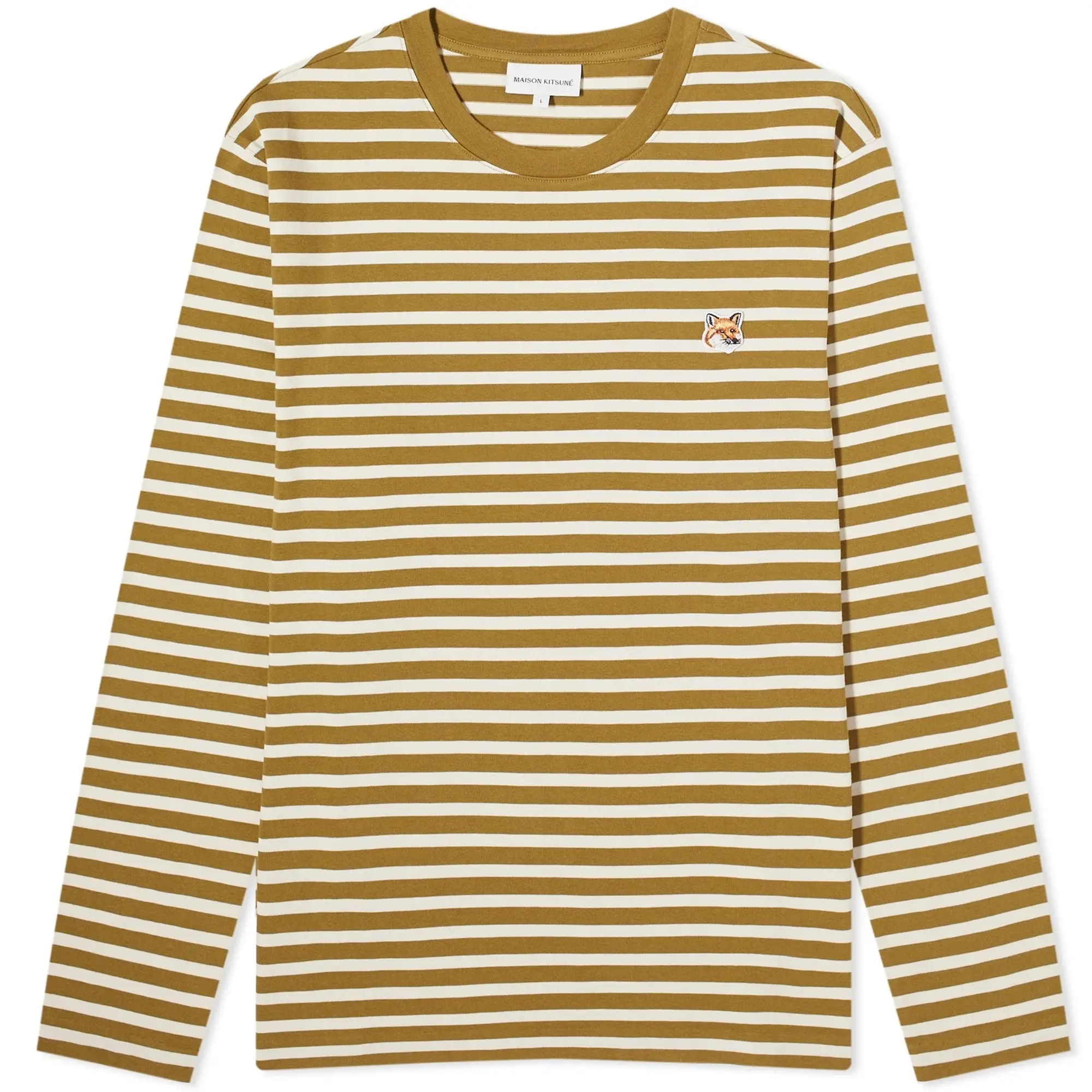 Maison Kitsuné Men's Fox Head Patch Long Sleeve Stripe T-Shirt Khaki Green/White