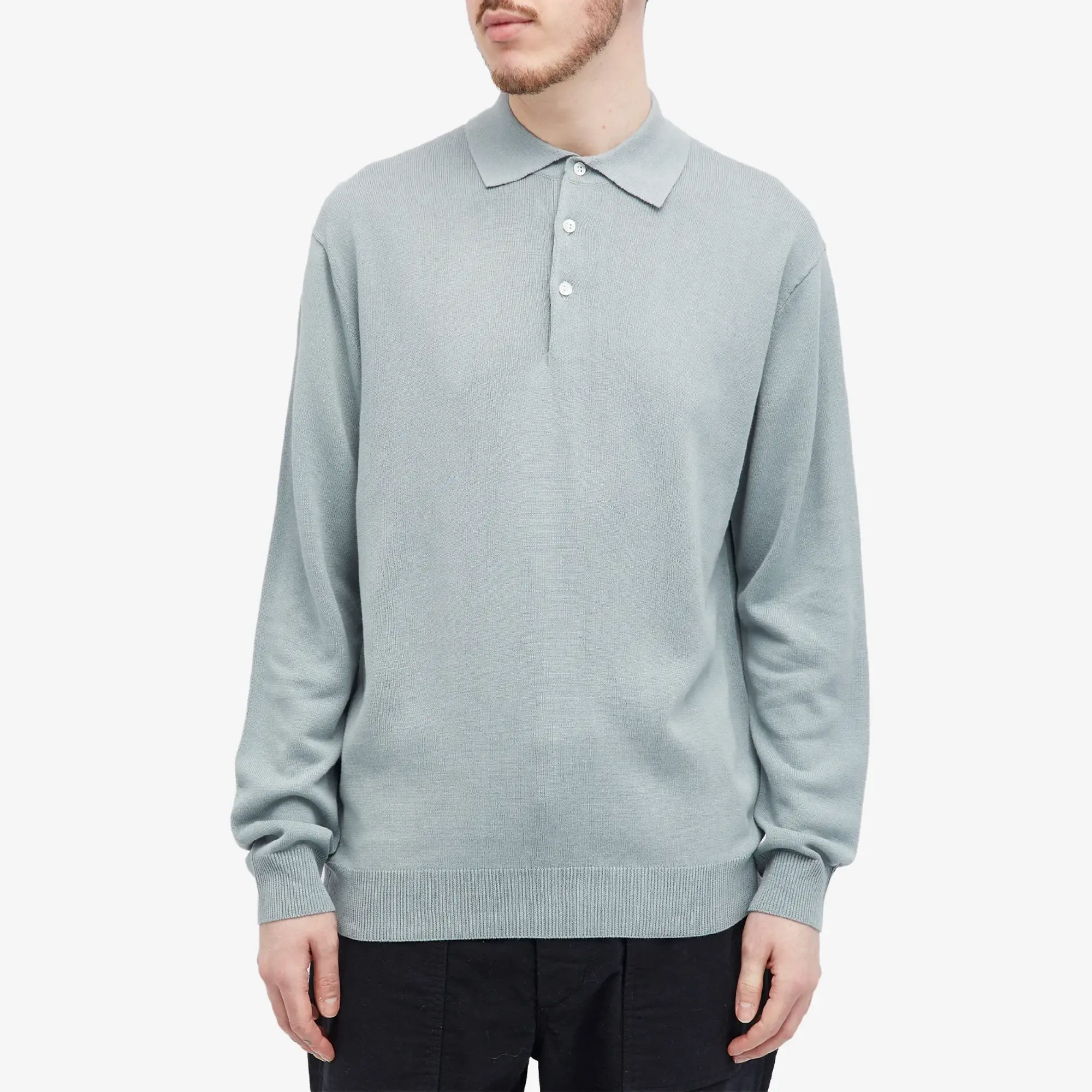 Beams Plus Men's 12g Knit Long Sleeve Polo Ice Blue