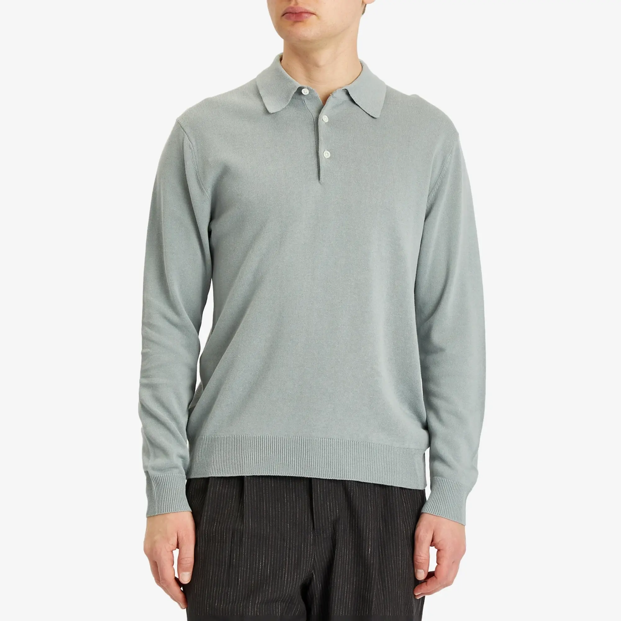 Beams Plus Men's 12g Knit Long Sleeve Polo Ice Blue