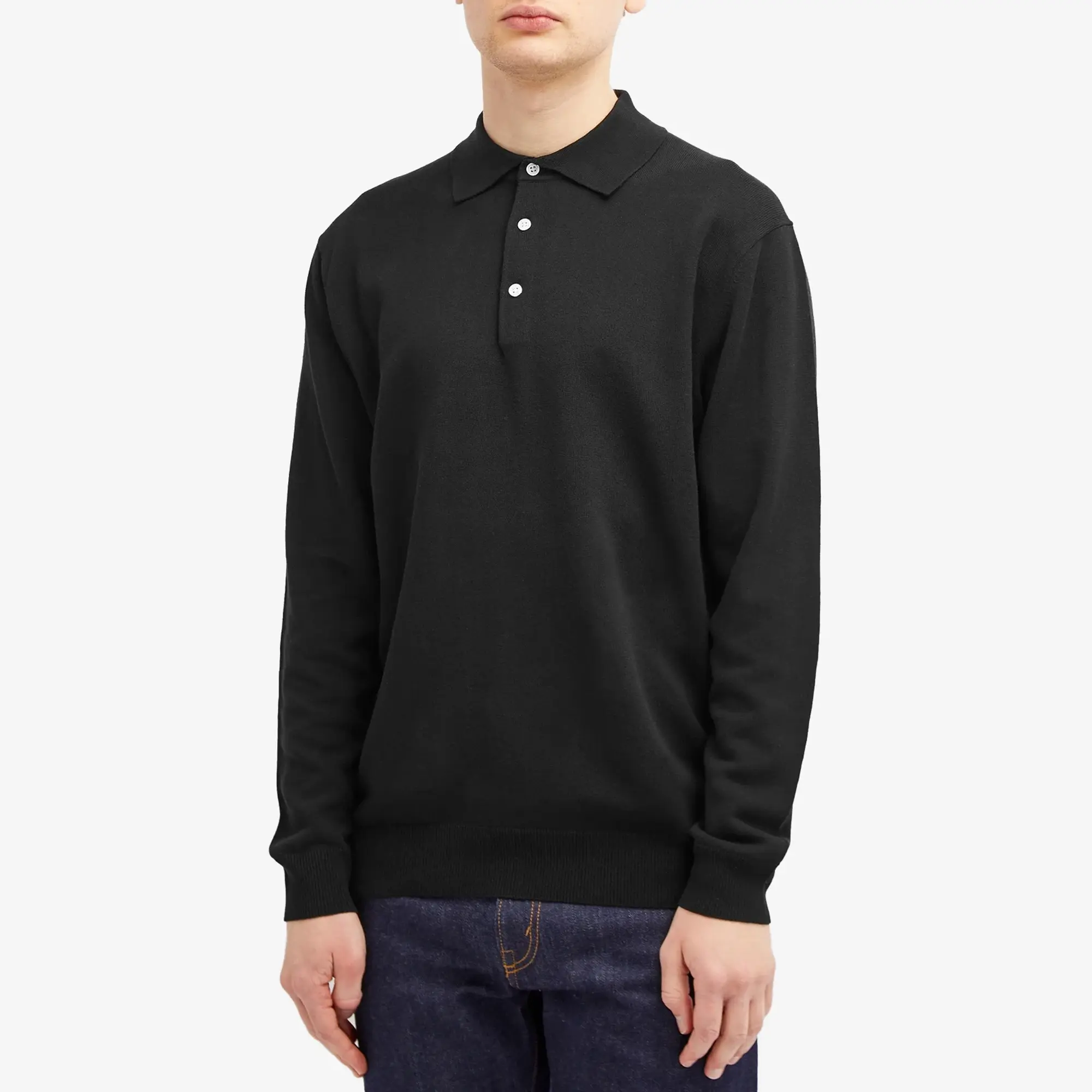 Beams Plus Men's 12g Knit Long Sleeve Polo Black