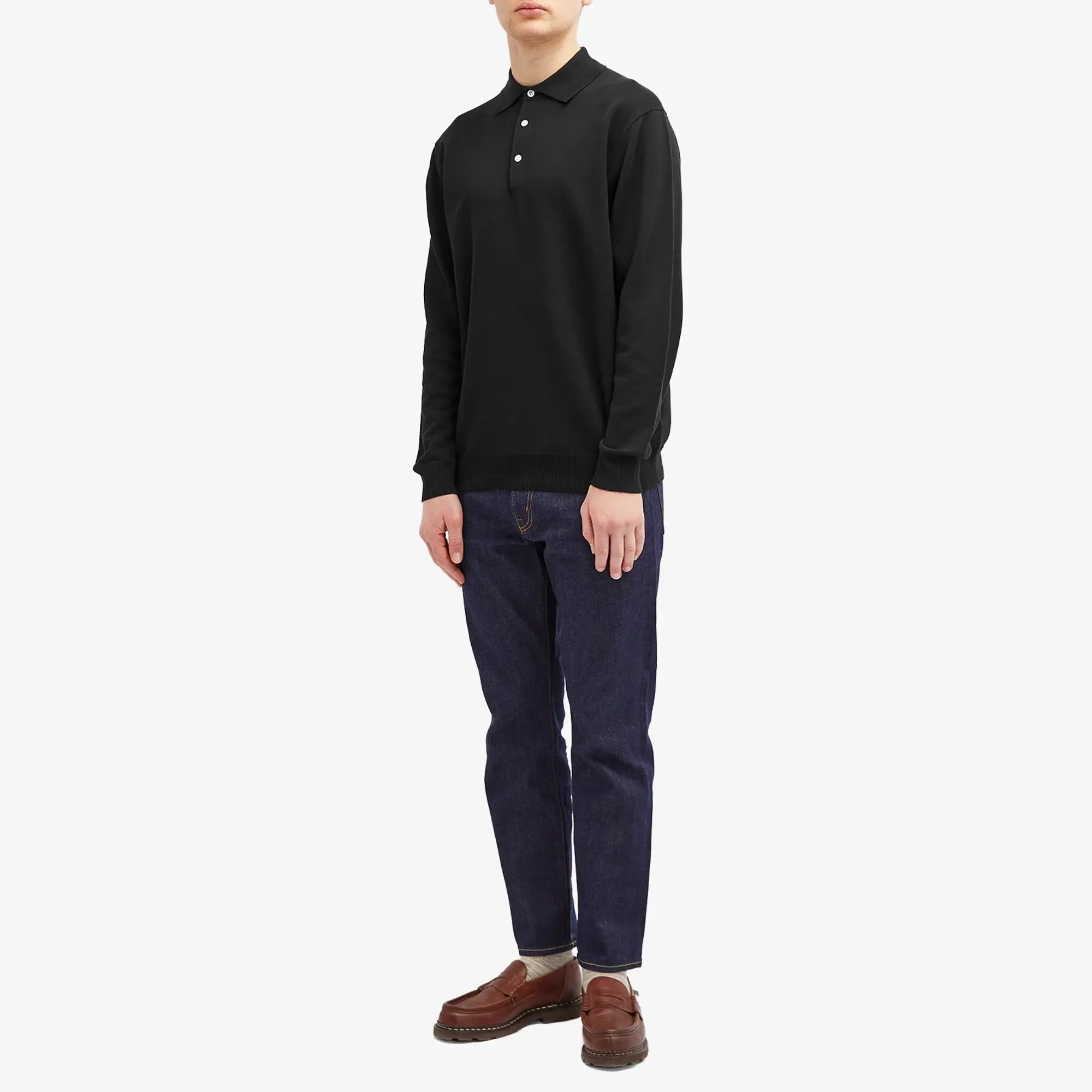 Beams Plus Men's 12g Knit Long Sleeve Polo Black
