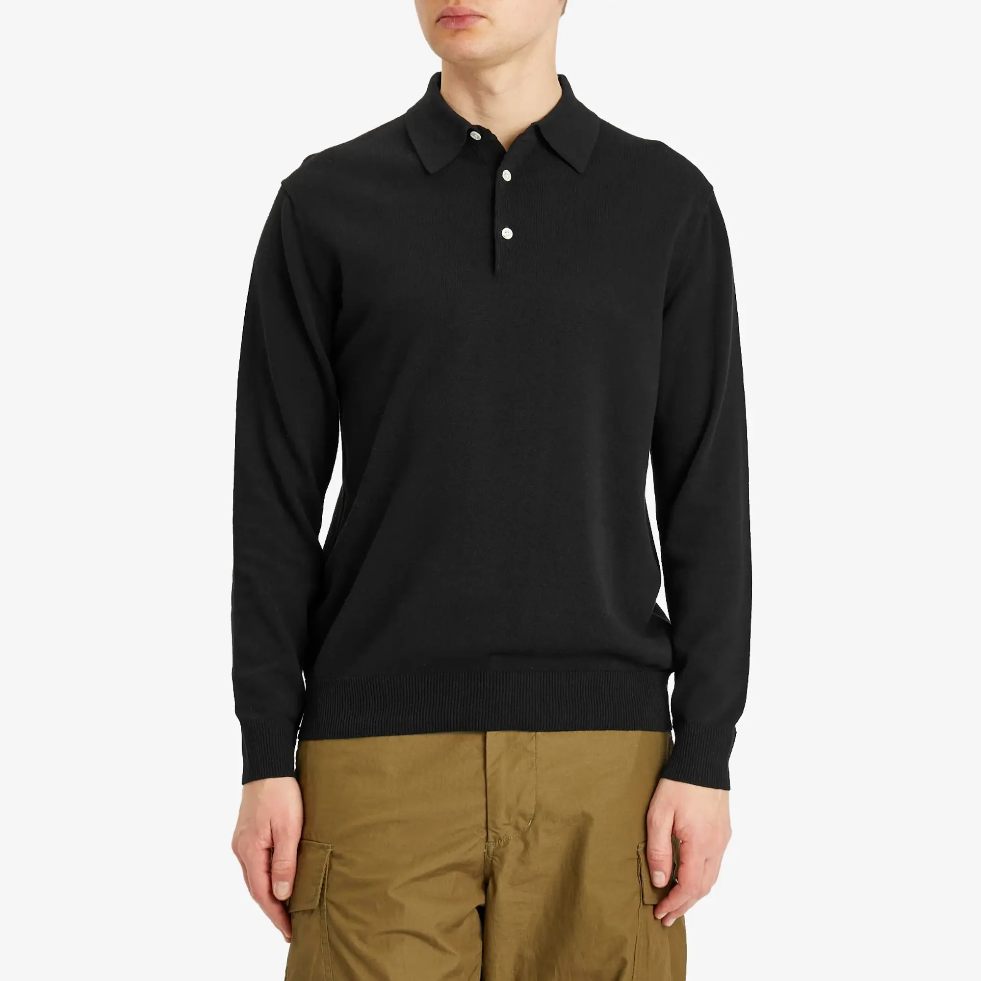 Beams Plus Men's 12g Knit Long Sleeve Polo Black