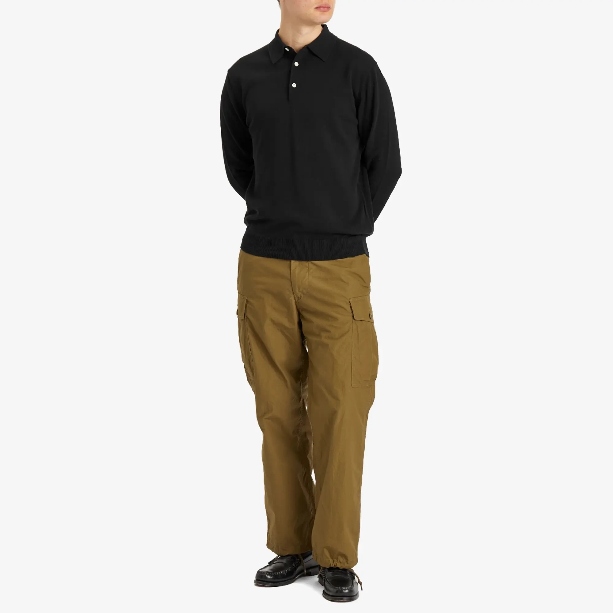 Beams Plus Men's 12g Knit Long Sleeve Polo Black