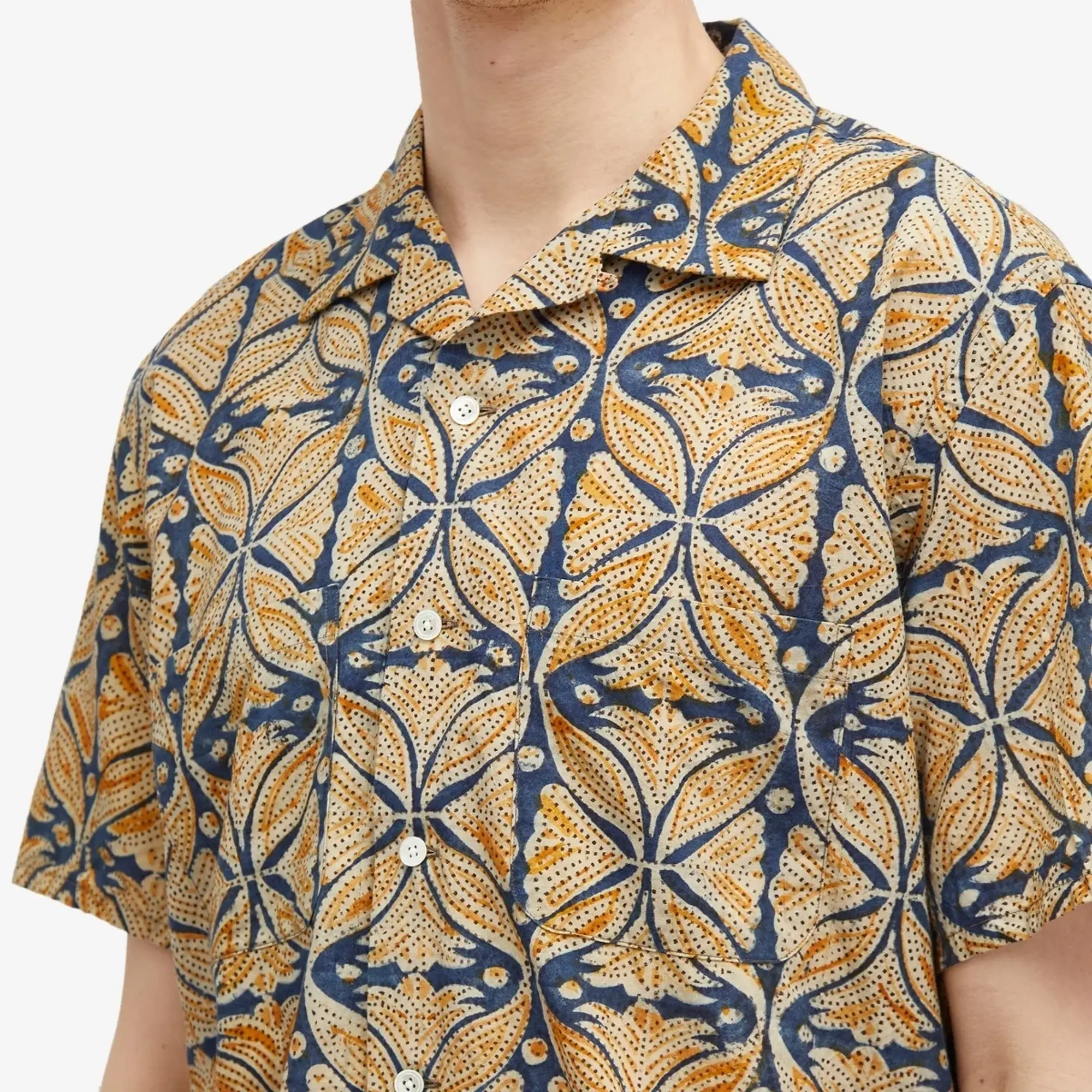 Beams Plus Men's Open Collar Block Print Shirt Blue