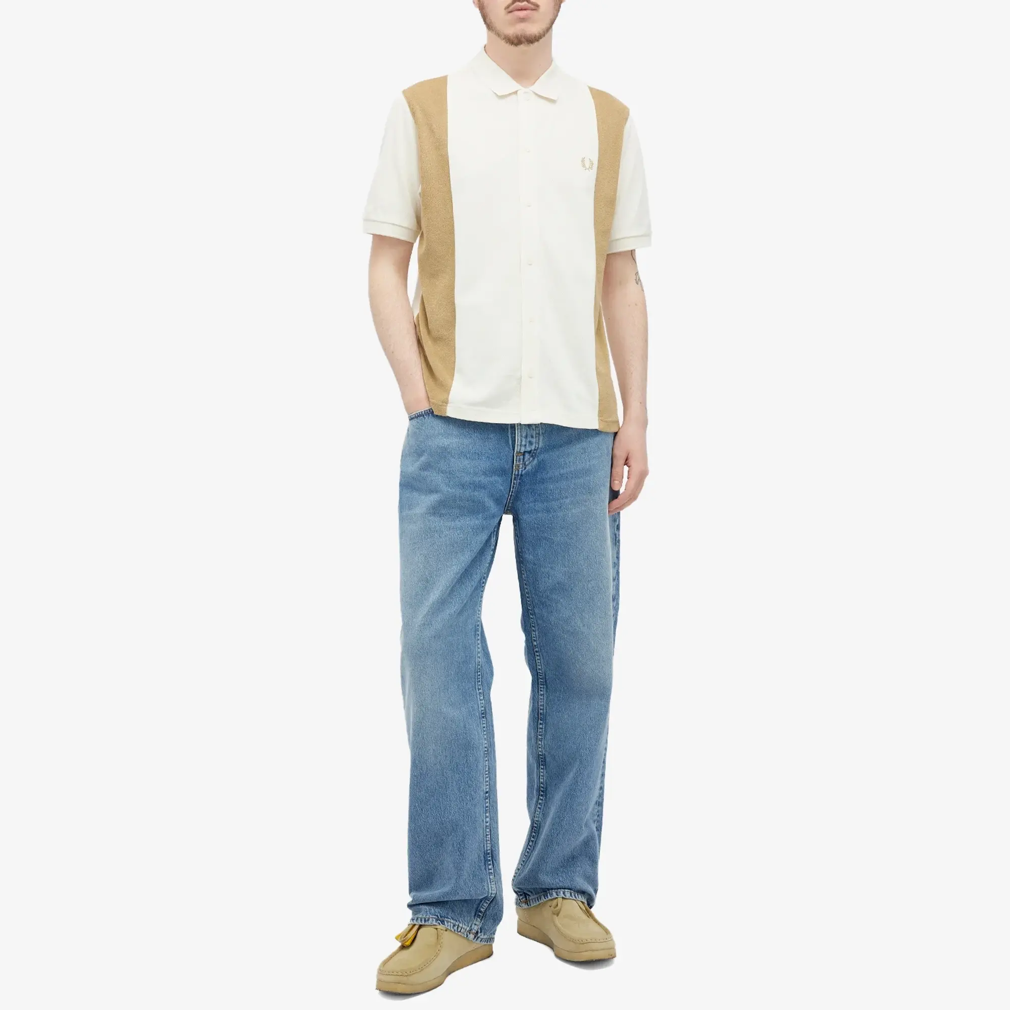 Fred Perry Men's Block Stripe Button Through Polo Ecru