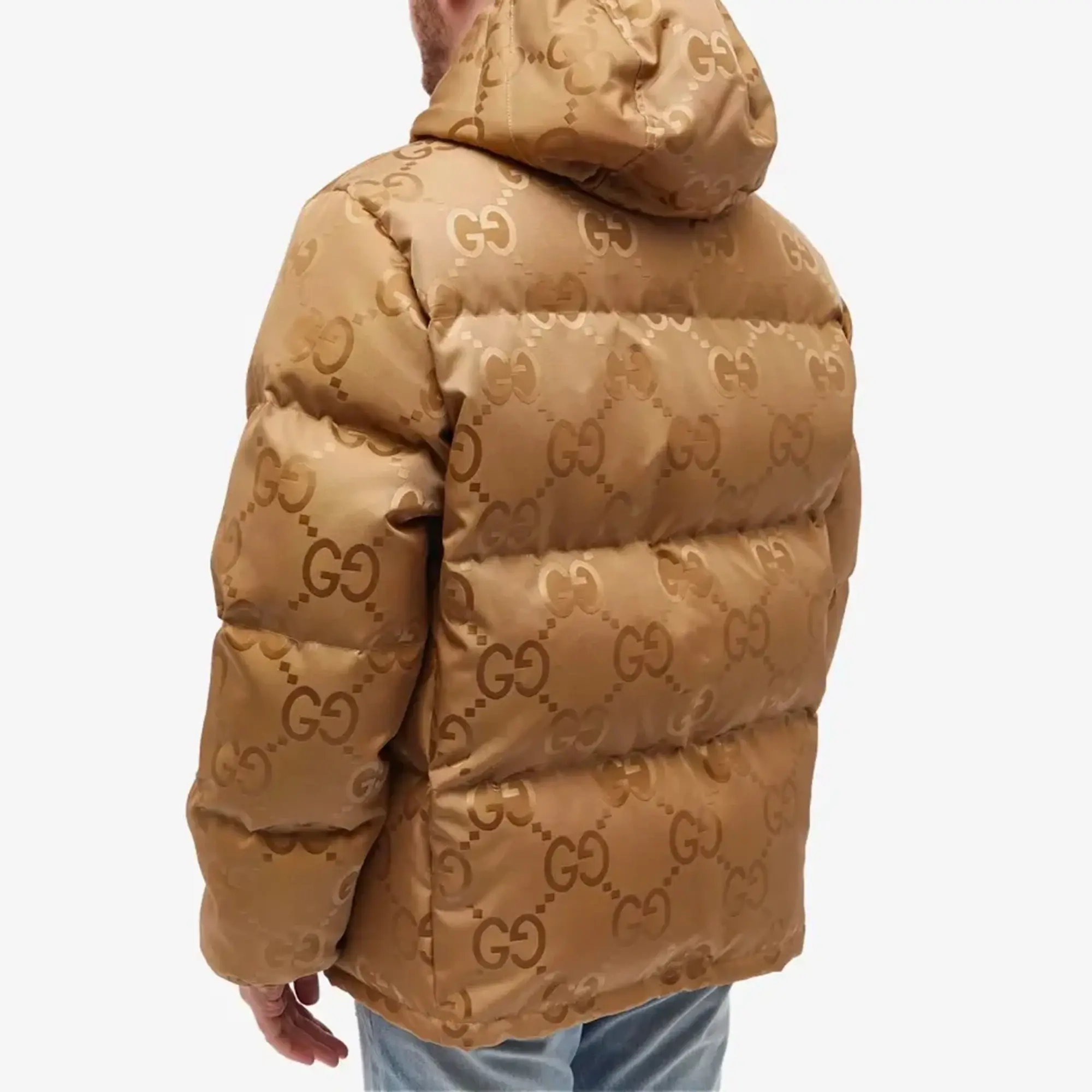 Gucci Men's Jumbo GG Jacquard Down Hooded Jacket Beige