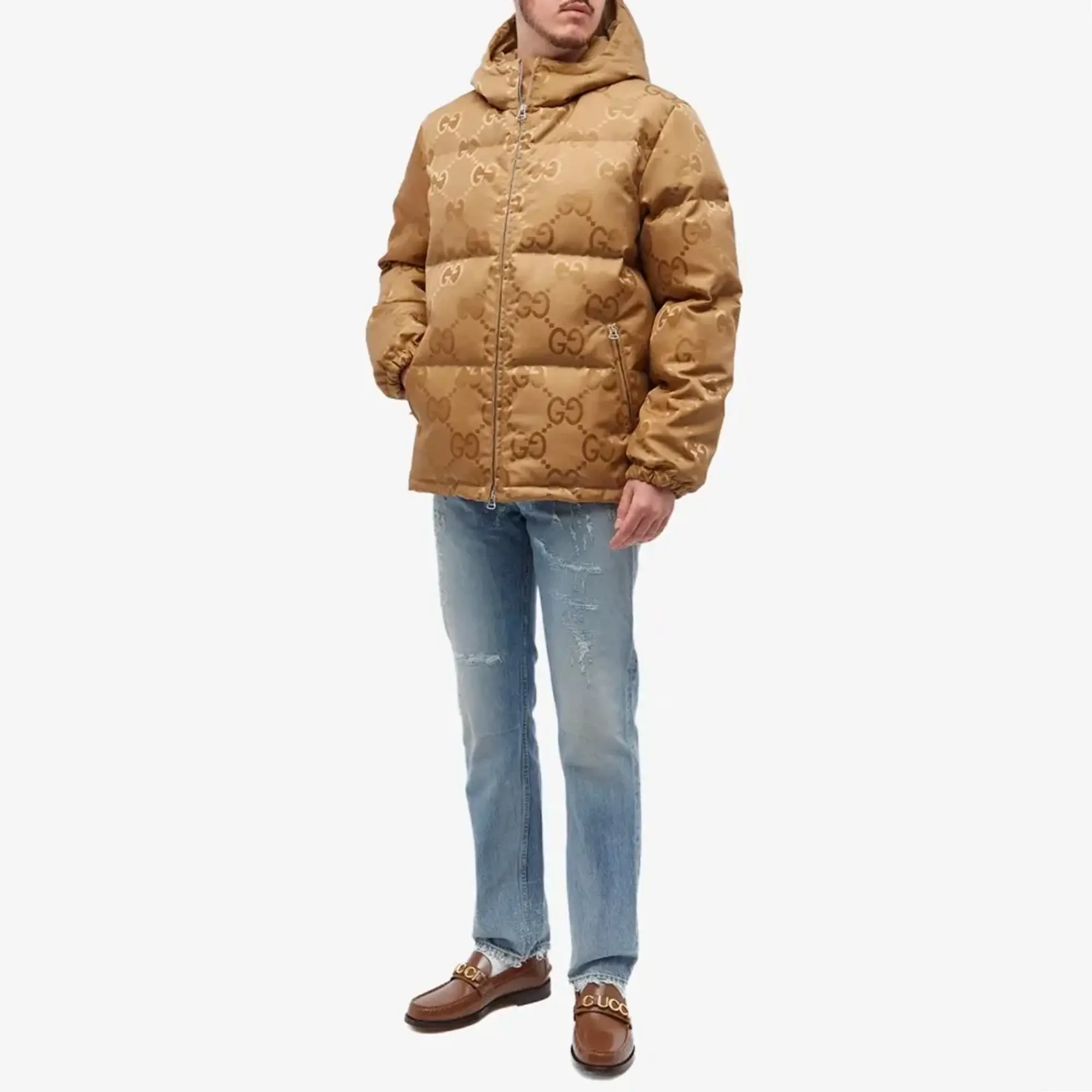 Gucci Men's Jumbo GG Jacquard Down Hooded Jacket Beige