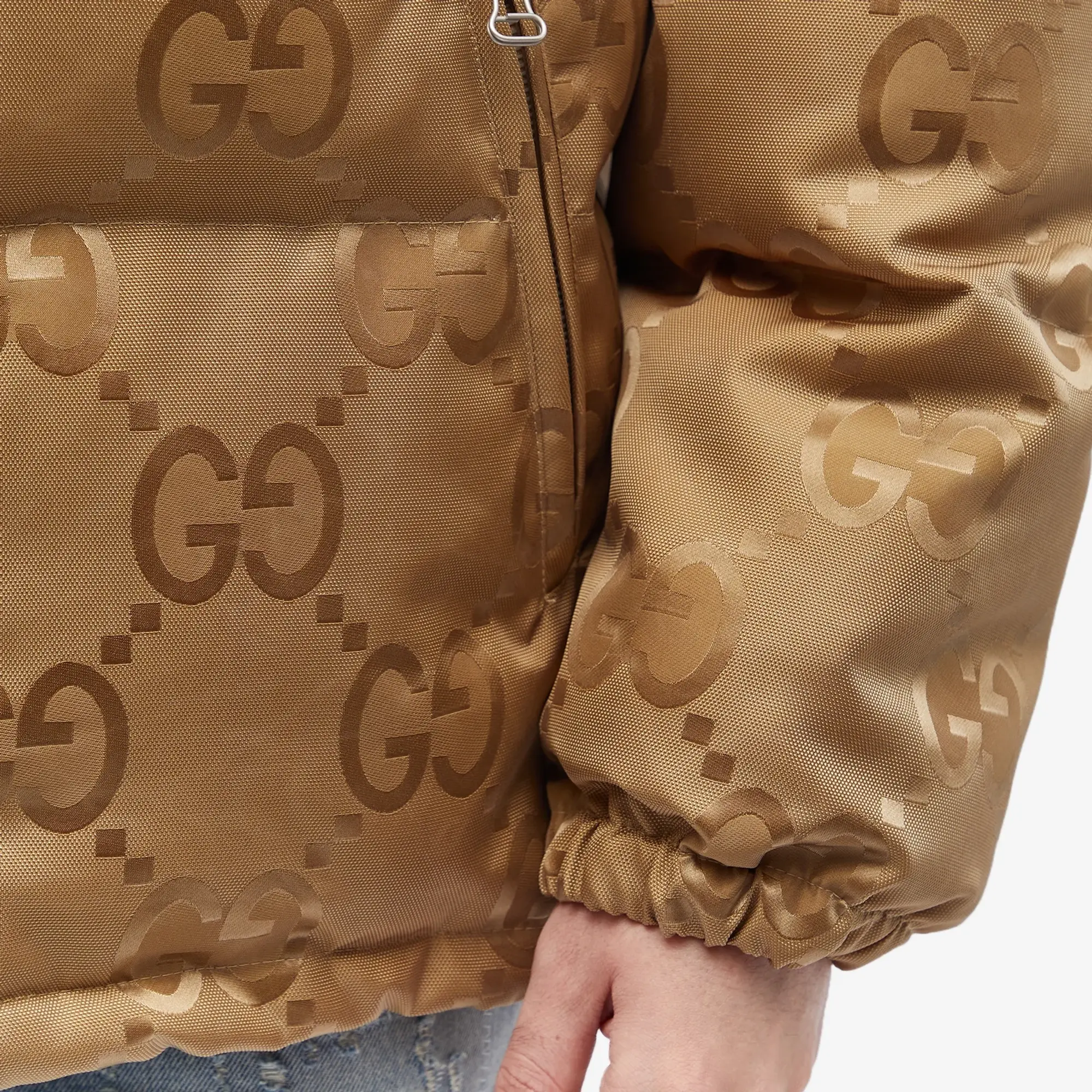 Gucci Men's Jumbo GG Jacquard Down Hooded Jacket Beige