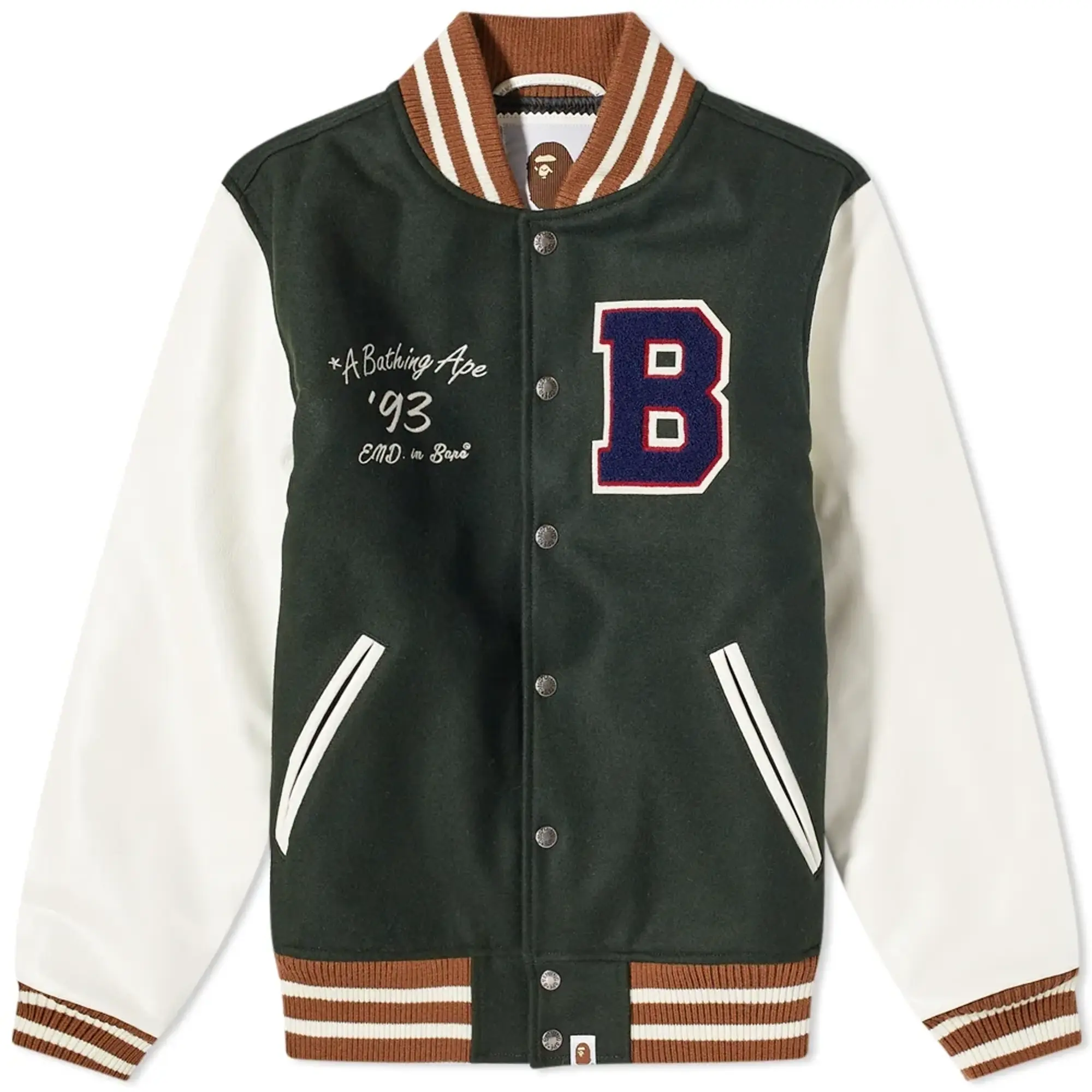 END. x A Bathing Ape Men's 'Bowling' Varsity Jacket Green