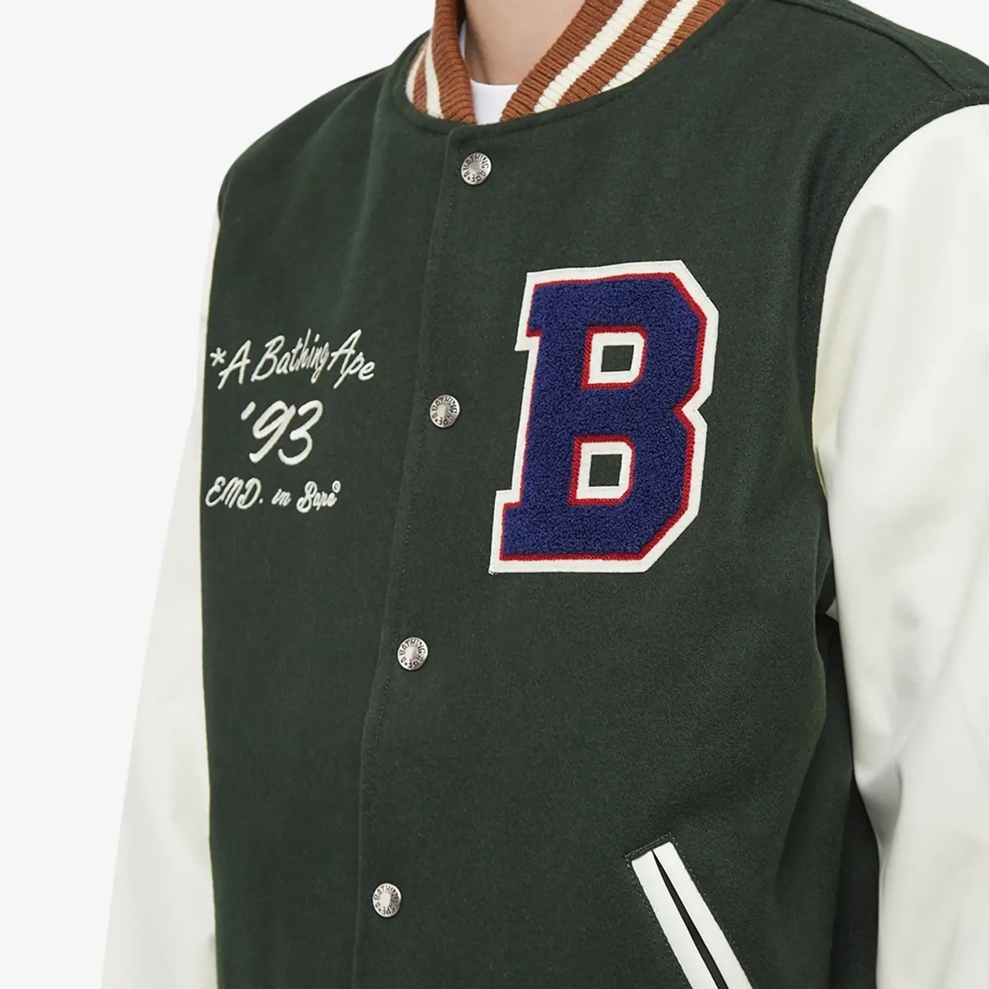 END. x A Bathing Ape Men's 'Bowling' Varsity Jacket Green