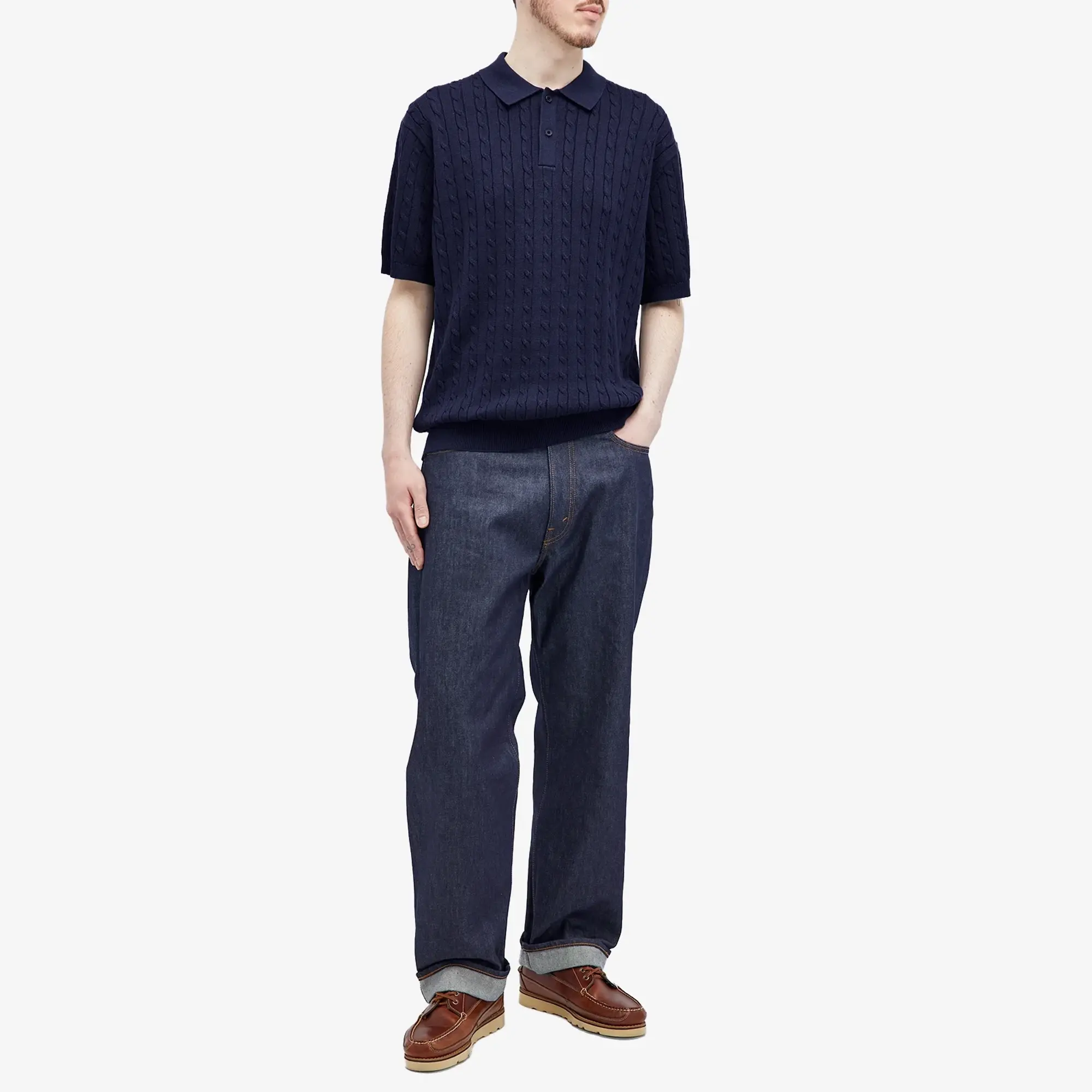 Beams Plus Men's Cable Knit Polo Navy